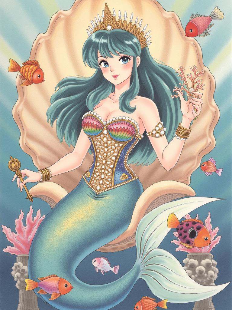 taka, A Soft-colored illustration of A noble mermaid princess with long, wavy blue-green hair and deep blue eyes. She wore a magnificent corset **** of shells and pearls on her upper body, and a fishtail that shimmered with rainbow colors on her lower body. She sat on a huge conch throne, holding a scepter **** of coral in her hand, surrounded by a variety of colorful fish swimming around her,
