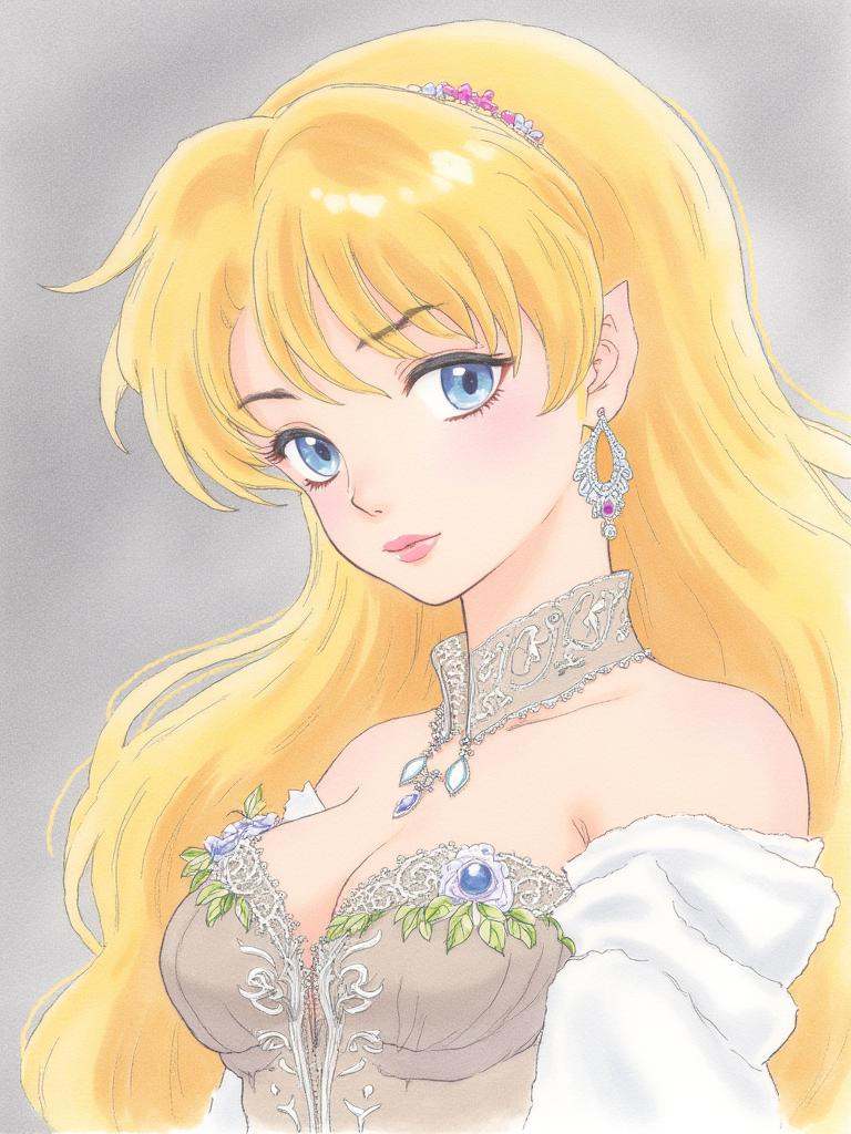 taka, A Soft-colored illustration of A beautiful young woman with a melancholic air. Her golden hair, styled in a soft wave, frames a face of porcelain beauty. Her sapphire blue eyes, usually bright and full of life, are downcast with a hint of sadness. She wears an elegant, high-collared gown befitting an empress, with intricate embroidery and delicate lace embellishments. The background is a soft, neutral gray, drawing attention to her delicate features and the subtle sorrow etched on her face.
