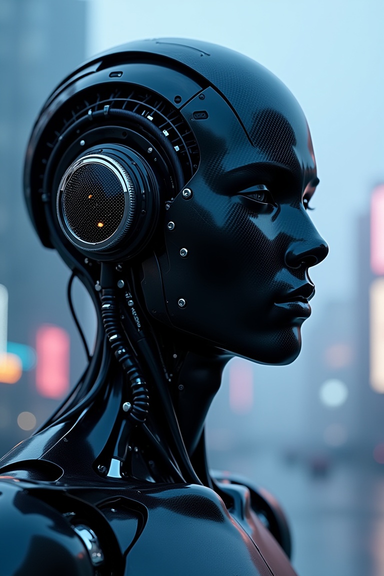 A man humanoid cyborg with a head crafted from realistic full matte finish carbon fiber texture. The intricate details of...