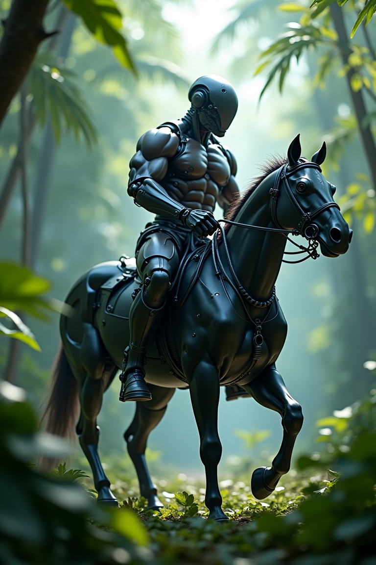 A muscle-bound humanoid cyborg with a full matte finish carbon fiber texture rides a sleek cyborg horse through a lush,  s...