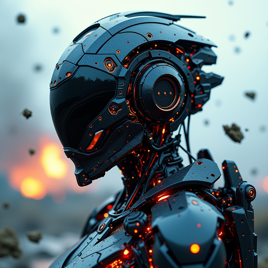 a high-resolution close-up image details head of a girl humanoid cyborg warrior standing in a futuristic battlefield. Add...