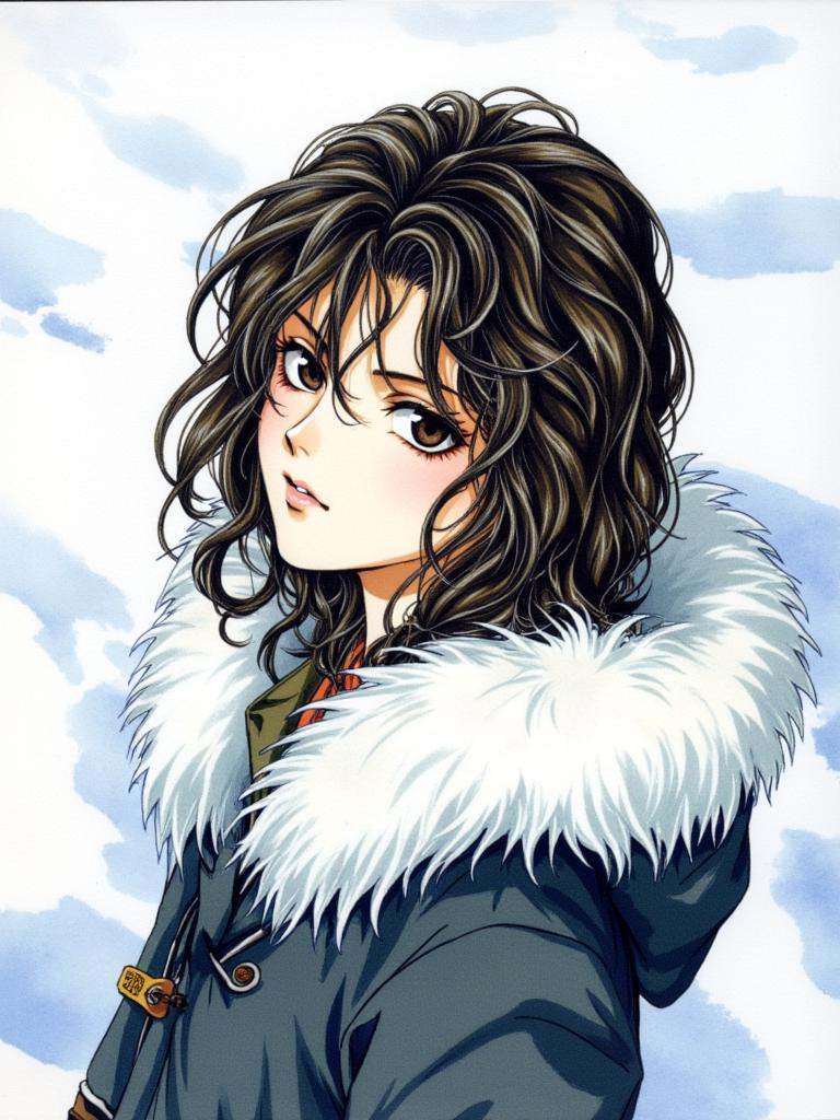 Kiri, a soft-colored illustration of a girl standing in a snowy landscape. Her shoulder-length curly black hair frames a face that holds the cool tranquility of the winter scene surrounding her. Her dark eyes, full of unspoken thoughts, gaze steadily towards something beyond the viewer, creating a sense of intrigue. She wears a hooded jacket, its soft, dark fabric contrasting beautifully with the pristine white fur trim that encircles her face. The hood is pulled up, casting a gentle shadow over her features and adding to her air of mystery. The snow-covered ground stretches out behind her, a pristine blanket of white that emphasizes the stillness of the scene. The overall atmosphere is one of quiet beauty and introspection, a perfect reflection of the winter season and the enigmatic girl at its heart.