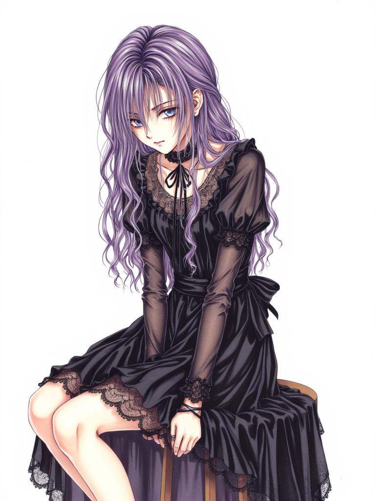 Kiri, a soft-colored illustration of a girl with cascading, deep purple hair. Her bangs obscure half of her icy blue eyes, revealing a melancholic and mysterious aura. She wears a black lace, Gothic style dress with a skirt that falls in layers to the floor. A black satin ribbon is tied around her waist, emphasizing her delicate figure. She sits sideways on a high stool, her hands resting gently on her knees, her head slightly bowed as if lost in thought.