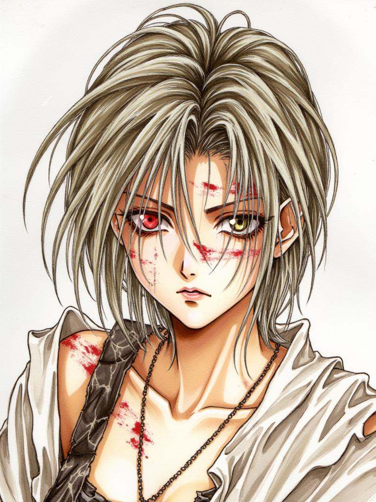 Kiri,a soft-colored illustration of a battle-worn girl with tattered,ash-gray hair falling messily around her face. Her right eye,a deep crimson,gleams with determination, She wears a white Chiton,now stained with dirt , Her expression is a mixture of pain and resolute defiance,capturing both vulnerability and strength in a single,haunting gaze.,