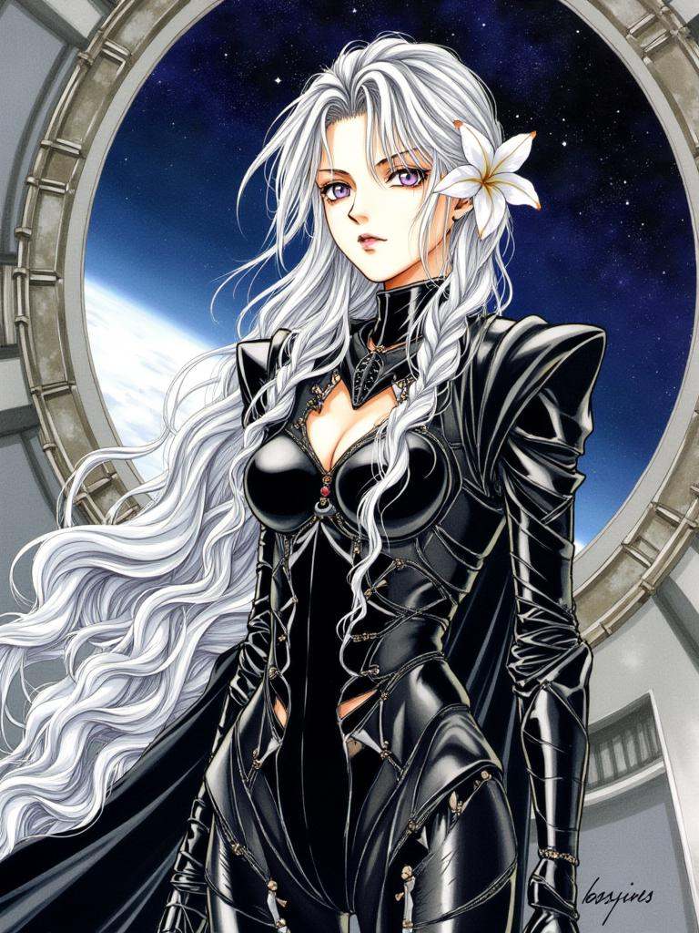 Kiri, a soft-colored illustration of The bridge of the starship was a symphony in monochrome, a stark ballet of polished steel and the cool glow of holographic projections. Standing amidst this technological tapestry, Captain Kiri was a figure of captivating solitude. Her long, silver hair, a cascade of moonlight against the void, flowed down her back in elaborate braids, interwoven with delicate silver wires that glinted **** distant stars. A single, white flower, its petals as pale as moonlight, was tucked behind her ear, a touch of fragile beauty against the cold steel that encased her.Her armor, a masterpiece of form-fitting obsidian, accentuated her every movement, hinting at the lethal grace she possessed. A flowing black cape, its edges **** whispers against the polished deck plating, added an air of tragic grandeur to her presence. But it was her eyes, a captivating shade of lavender, that truly held one's attention. They gazed out at the panoramic viewport, reflecting the cold, distant stars with a hint of melancholic longing.The vast expanse of space stretched before her, a canvas of infinite possibilities, yet a palpable loneliness clung to her **** stardust. She was a queen of the void, a study in contrasts – the delicate flower against the cold steel, the captivating beauty juxtaposed with the chilling vastness of space. In that moment, Captain Kiri embodied a captivating blend of power and vulnerability, a solitary figure grappling with the weight of command and the echoes of a past shrouded in mystery.