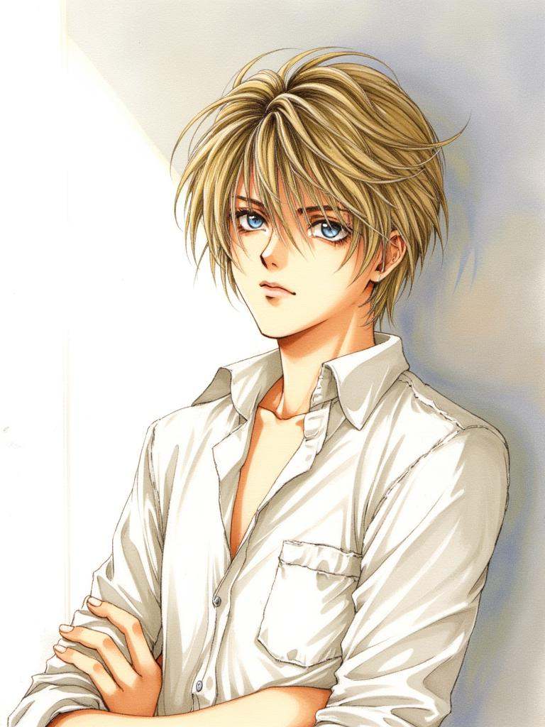 Kiri, a soft-colored illustration of a young man with tousled, ash-blond hair that falls into his eyes **** a whisper of smoke. His eyes, a clear, cerulean blue, gaze towards some distant point, reflecting a thoughtful and introspective nature. A hint of melancholy lingers in their depths, as if harboring a quiet sadness. He wears a simple, white linen shirt, its fabric slightly wrinkled, suggesting a casual comfort. The sleeves are rolled up to his elbows, revealing toned forearms dusted with a light scattering of freckles. He leans against a pristine white wall, its starkness a contrast to the gentle turmoil reflected in his eyes. The sunlight, softened by an unseen window, bathes him in a warm glow, casting a subtle shadow that emphasizes the sharp angle of his jaw and the thoughtful curve of his lips.