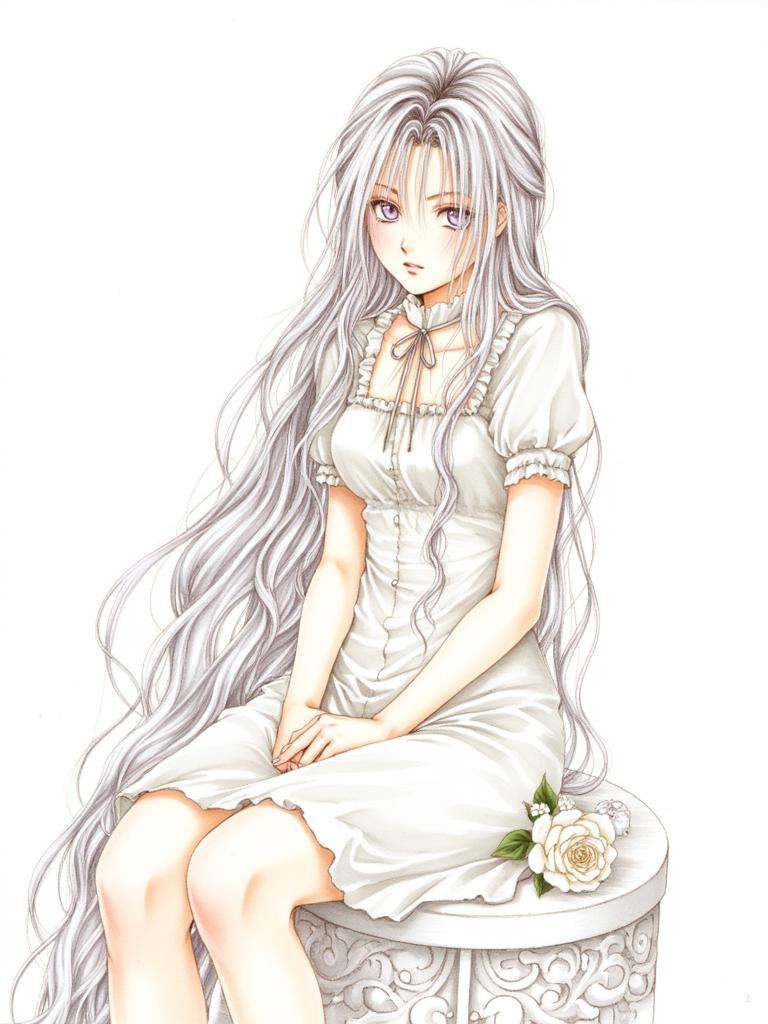 Kiri,a soft-colored illustration of a girl with long,flowing hair of the palest silver,styled with delicate braids adorned with small,white flowers. Her bangs,**** spun moonlight,partially obscure her captivating lavender eyes,lending her a gentle yet melancholic and mysterious aura. She wears a simple,high-necked dress of white silk,its fabric clinging softly to her frame,hinting at the delicate curves beneath. She sits gracefully on a white,ornately carved wooden stool,her hands resting delicately in her lap,her head tilted slightly as if lost in thought. The background is a pure,ethereal white,with perhaps a single,wilting white rose in the foreground,further emphasizing the delicate beauty and quiet sorrow of the subject.,