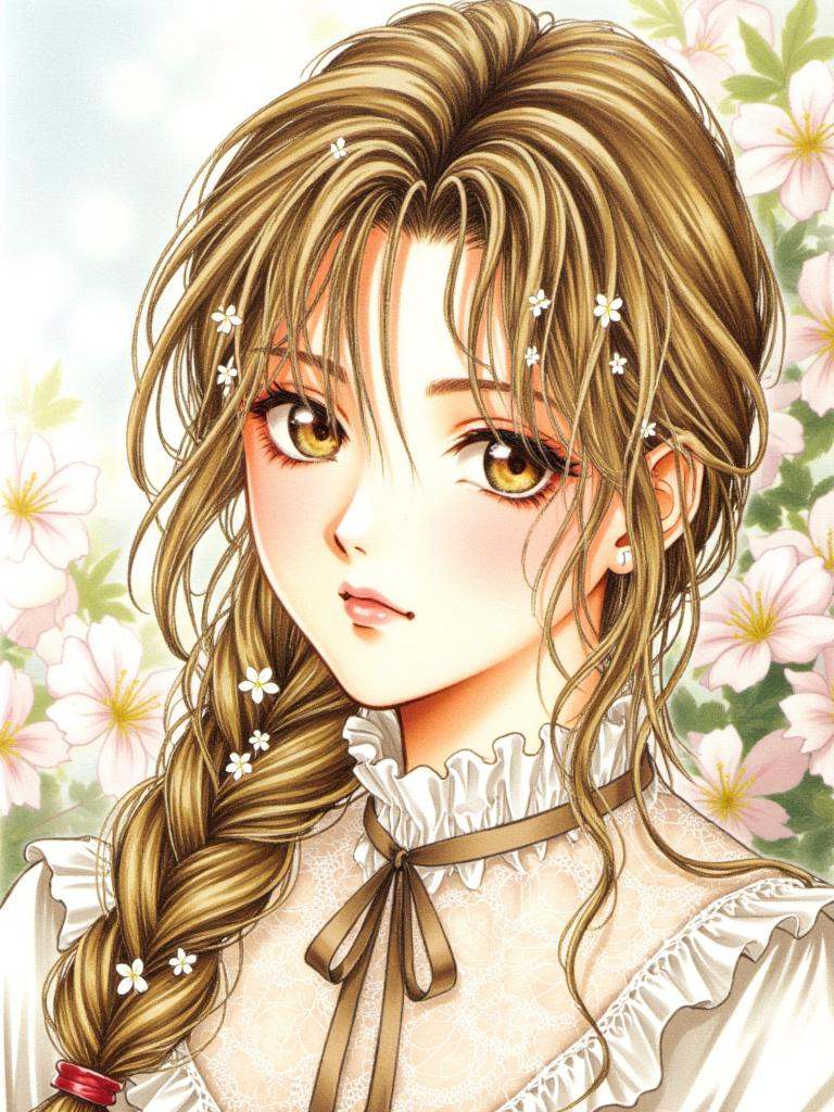 A soft-colored illustration of a high school girl bathed in a gentle, afternoon light. Her hair, a cascade of shimmering, deep gold, is styled in an elaborate French braid that drapes over her shoulder **** a silken rope. Tiny, white blossoms, echoing the delicate blush of her cheeks, are woven into the braid, lending her an air of ethereal beauty. Her eyes, a captivating shade of amber, gaze out with a mixture of youthful innocence and a hint of wistful longing, as if harboring a secret too precious to share.She wears a simple, high-necked white blouse, its delicate lace collar framing her slender neck **** a delicate caress. A ribbon, the color of faded roses, is tied in a bow at her throat, adding a touch of romantic charm. The background, a blur of soft pastels, hints at a garden in bloom, its ethereal beauty mirroring her own. The overall impression is one of youthful grace and melancholic beauty, a poignant reminder of the fleeting nature of adolescence and the bittersweet pangs of first love.
