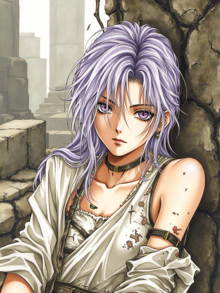 Kiri, a soft-colored illustration of a girl amidst the ruins, a testament to resilience amidst chaos. Her lavender hair, once a vibrant cascade, now hangs in tangled strands, interwoven with dust and shadows, framing a face etched with exhaustion and defiance. Her left eye, hidden in shadow, speaks of battles fought and scars borne, while her right eye, a striking violet, burns with an unwavering fire, a beacon of fierce determination in the face of overwhelming odds. She wears a simple chiton, its once-pristine white now a canvas of muted grays and browns, stained with the grime of a world torn asunder. Tears in the fabric reveal glimpses of bruises and scrapes, each mark a testament to her struggle for survival. Despite the ravages of conflict, the chiton clings to her slender frame, a fragile shield against the unforgiving world. She leans heavily against a crumbling stone wall, its rough surface a counterpoint to her delicate form. The weight of exhaustion is evident in the slump of her shoulders, the slight tremor in her muddied hands, yet her spirit remains unbroken. Her posture, a captivating blend of exhaustion and defiance, speaks of battles fought and a spirit unwilling to yield. She is a survivor, her gaze fixed on a future she will fight to reclaim.