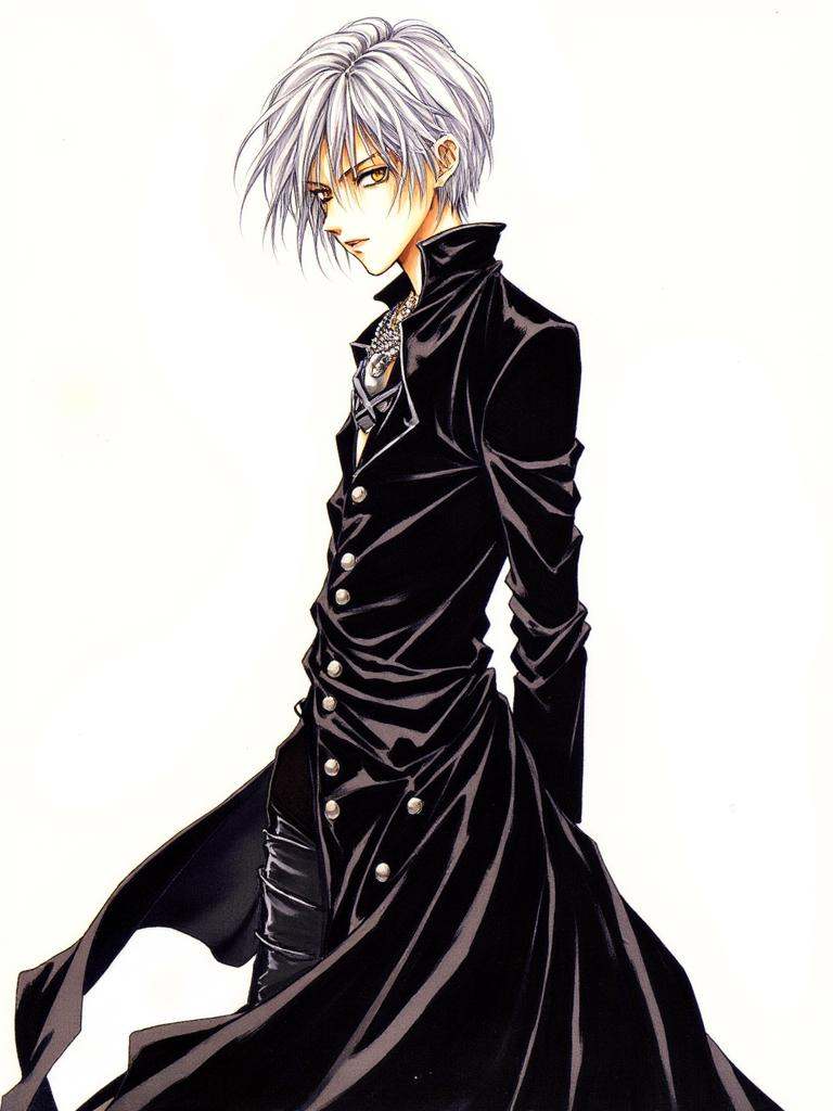 Kiri, a soft-colored illustration of a young man with tousled, silver hair that partially obscures his piercing golden eyes. He wears a long, flowing black coat with a high collar, and a silver pendant hangs from his neck. He stands with his back to the viewer, his head turned slightly, revealing a hint of a melancholic expression.