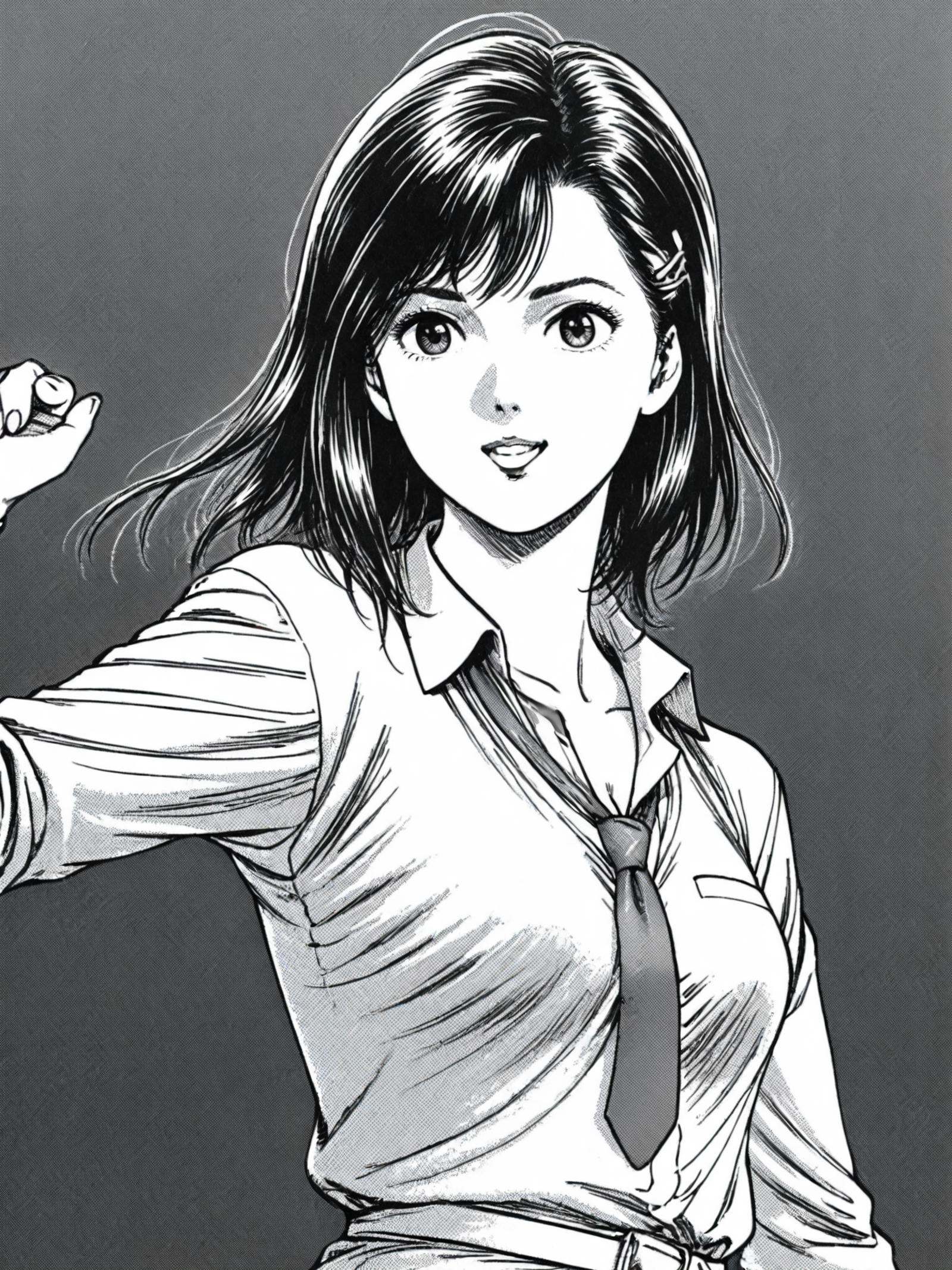Hoko,(best quality), ((masterpiece)), (highres),  extremely detailed, 1980s retro manga style, 1girl, solo, detailed line art, upper body shot, short messy hair with hair clips, mischievous grin, school white shirt, loosened tie,   parted lips, dynamic pose,<lora:Hoko-0.9:0.7>