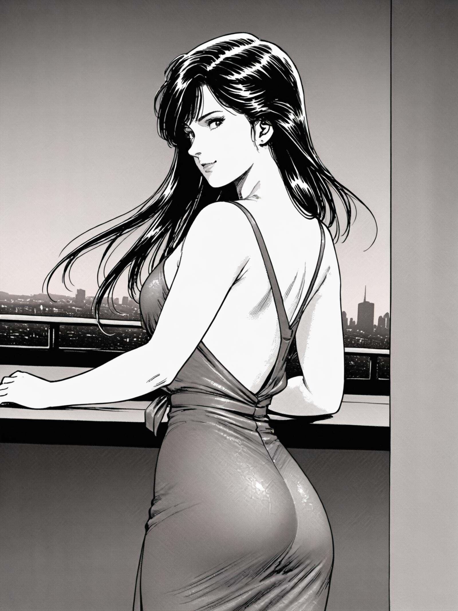 Hoko, (best quality), ((masterpiece)), (highres), extremely detailed, 1980s retro manga style, 1girl, solo, three-quarter view, looking over shoulder, long flowing hair, subtle smile, wearing off-shoulder evening gown, back partially exposed, standing by moonlit balcony, city lights in background, alluring yet sophisticated pose, golden hour lighting, subtle gold highlights in hair, faint golden glow on skin, golden jewelry accents, city lights with warm golden tones, sepia-toned background with golden haze