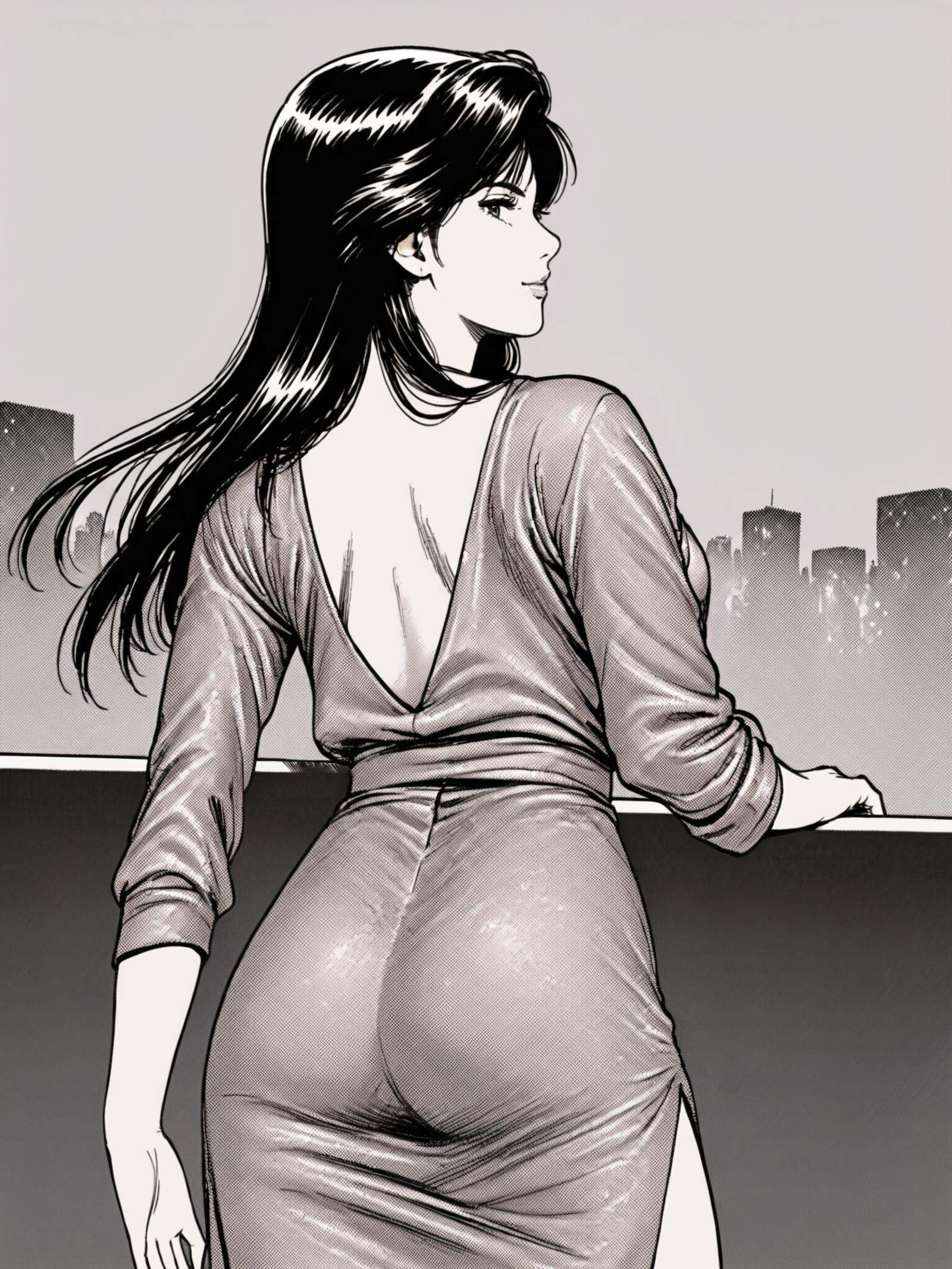 Hoko, (best quality), ((masterpiece)), (highres), extremely detailed, 1980s retro manga style, 1girl, solo, three-quarter view, looking over shoulder, long flowing hair, subtle smile, wearing off-shoulder evening gown, back partially exposed, standing by moonlit balcony, city lights in background, alluring yet sophisticated pose, golden hour lighting, subtle gold highlights in hair, faint golden glow on skin, golden jewelry accents, city lights with warm golden tones, sepia-toned background with golden haze