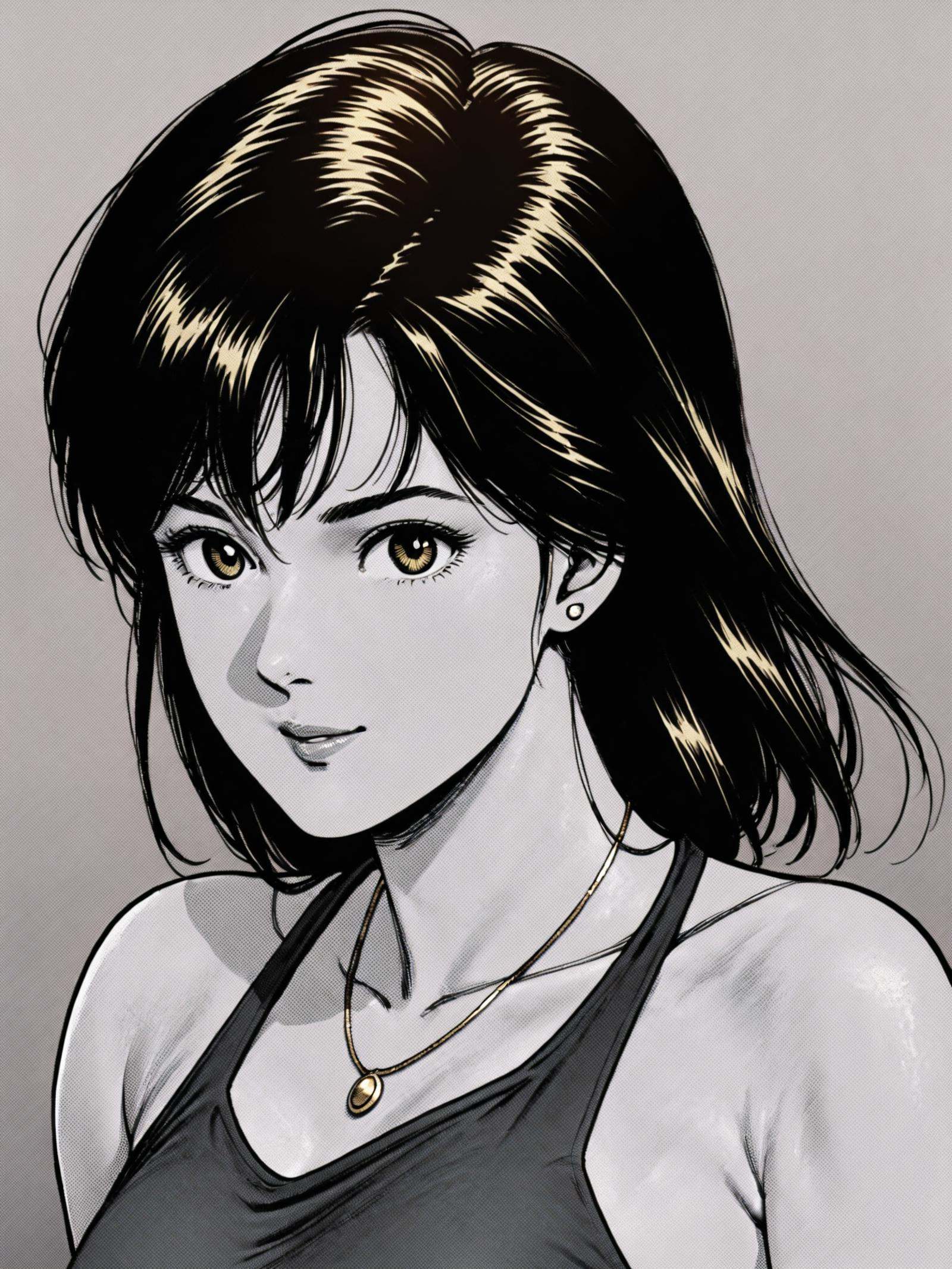 Hoko, (best quality), ((masterpiece)), (highres), extremely detailed, 1980s retro manga style, 1girl, solo, upper body portrait, looking at viewer, long black hair with bangs, subtle smile, wearing halter top dress, necklace, stud earrings, golden hour lighting, subtle gold highlights in hair, faint golden glow on skin, gold jewelry accents, sepia-toned background with golden haze, high contrast black and white with golden undertones