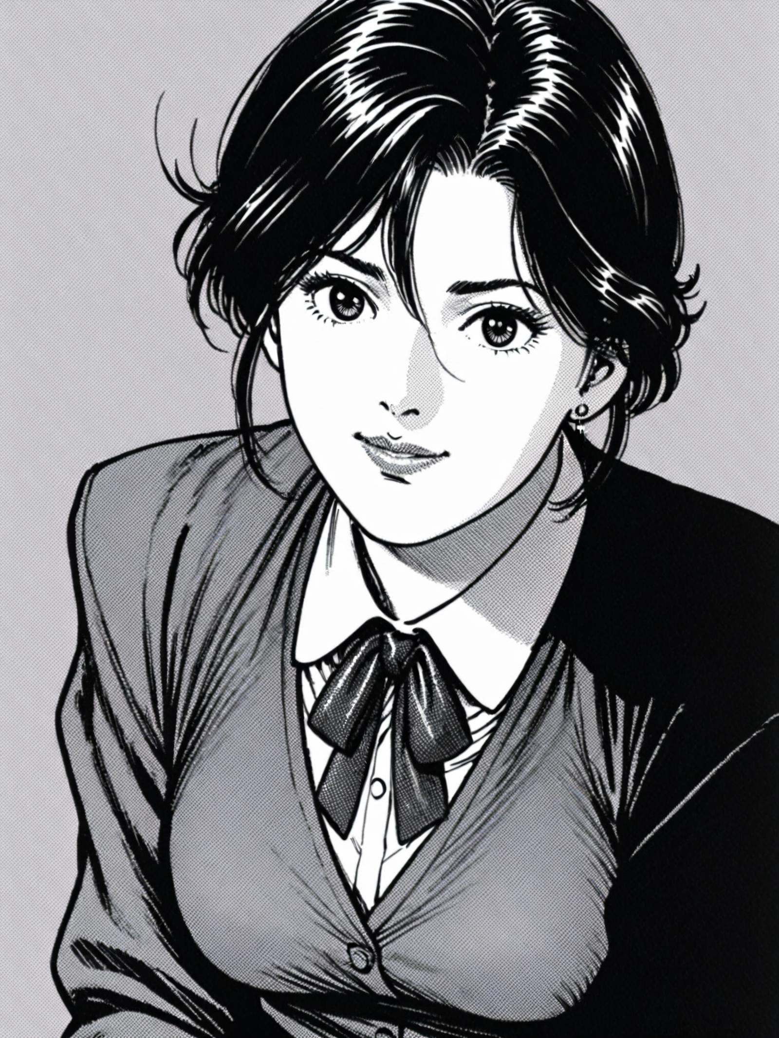 Hoko,(best quality),((masterpiece)),(highres),extremely detailed,1980s retro manga style,1girl,solo,1980s fashion,detailed line art,close-up portrait,stylish short curly hair,cat-eye glasses,professional makeup,confident smirk,button-up blouse with bow tie,hint of blazer lapel,statement earrings,dynamic shading on face,