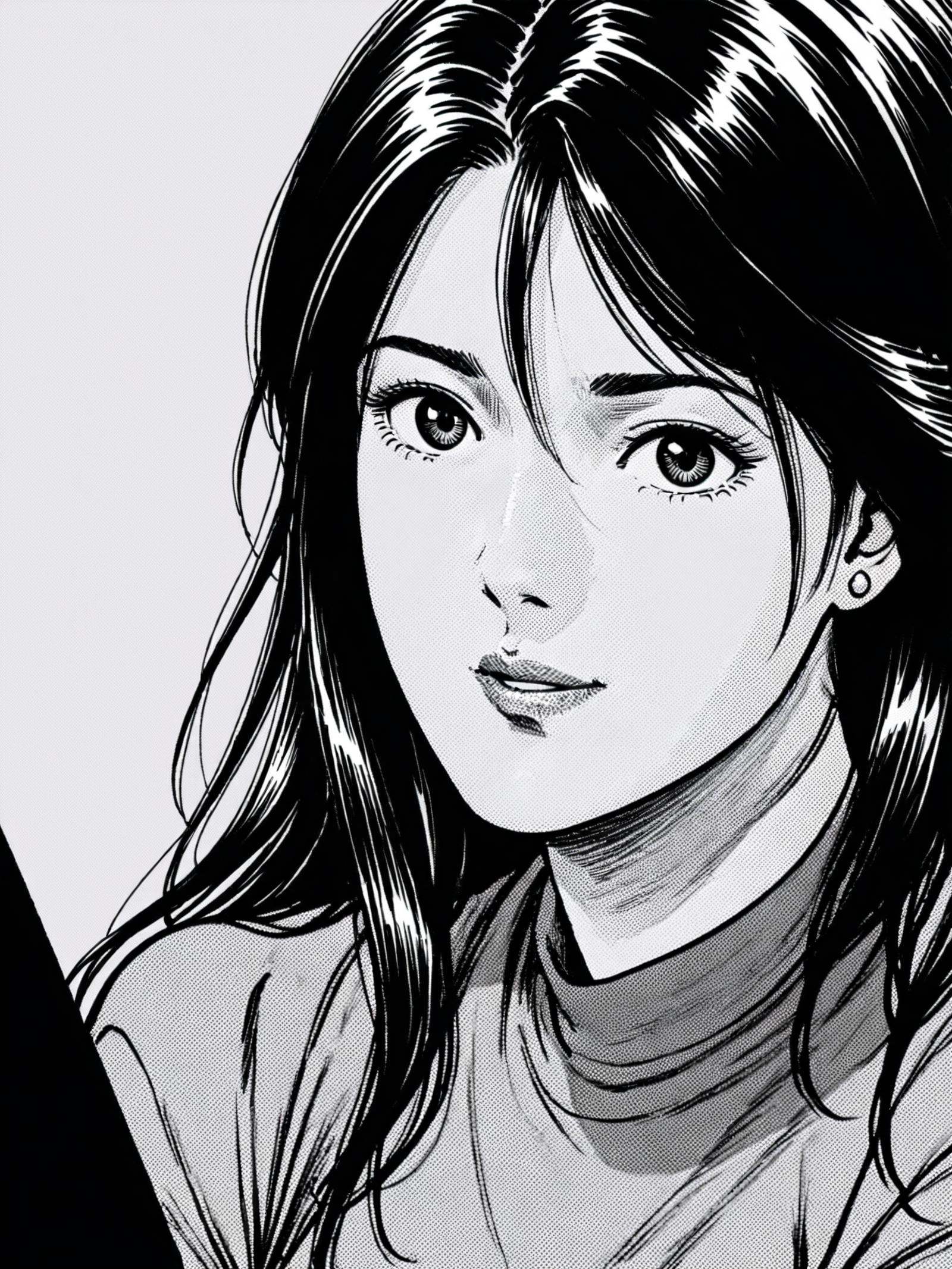 Hoko, (best quality), ((masterpiece)), (highres), extremely detailed, 1980s retro manga style, 1girl, solo, retro manga style, detailed line art, close-up portrait, long flowing hair framing face, sharp facial features, intense gaze directly at viewer, subtle smile, lipstick, pearl earrings, crisp white collar of executive blouse, high contrast shading, 