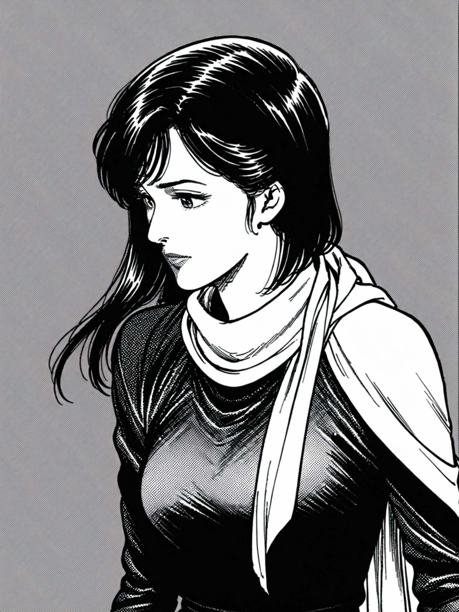 Hoko,(best quality),((masterpiece)),(highres),extremely detailed,1980s retro manga style,1girl, solo, 1980s retro manga style, close-up profile view, long hair in sleek ponytail, elegant nose, red lipstick, silk scarf, sharp jawline, detailed hair strands, 