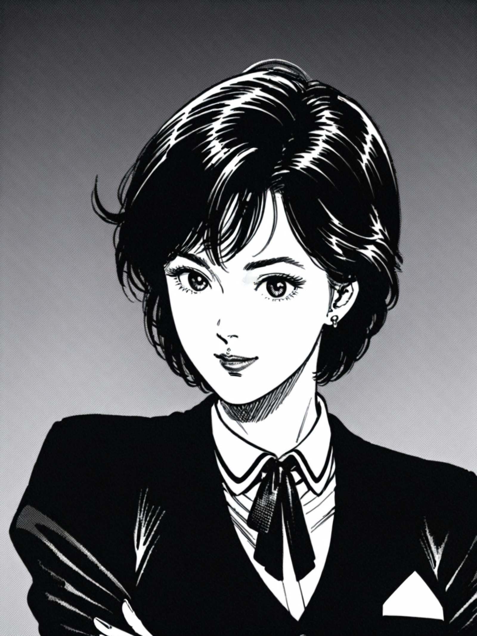 Hoko,(best quality),((masterpiece)),(highres),extremely detailed,1980s retro manga style,1girl,solo,1980s fashion,detailed line art,close-up portrait,stylish short curly hair,cat-eye glasses,professional makeup,confident smirk,button-up blouse with bow tie,hint of blazer lapel,statement earrings,dynamic shading on face,