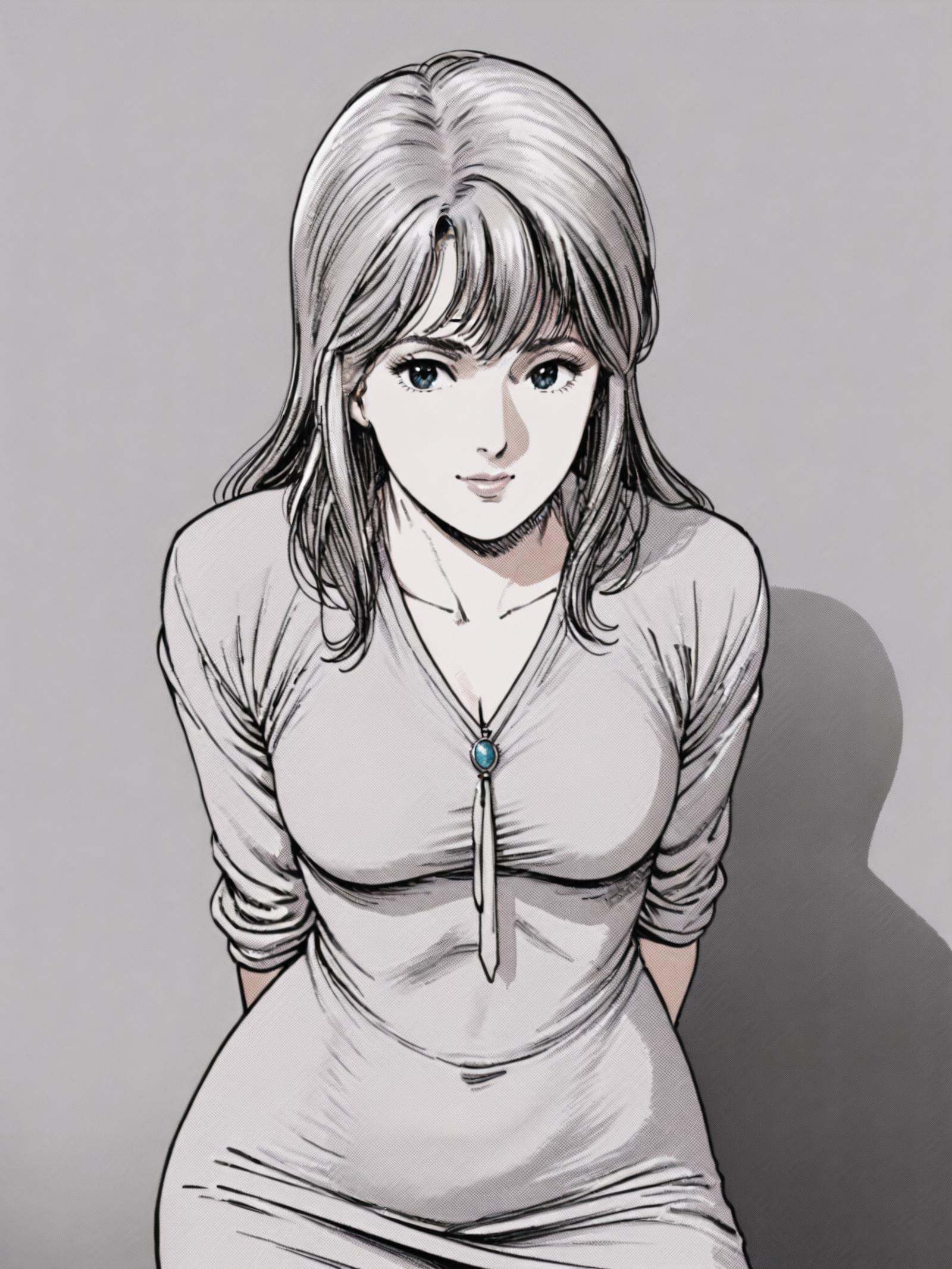 Hoko,(best quality),((masterpiece)),(highres),extremely detailed,1980s retro manga style,1girl,solo,retro manga style,tight shot of lower face and neck,subtle smile,natural lip color,delicate pendant necklace,crisp collar of white blouse,loosened tie knot,defined collar bones,sharp shadows on neck,