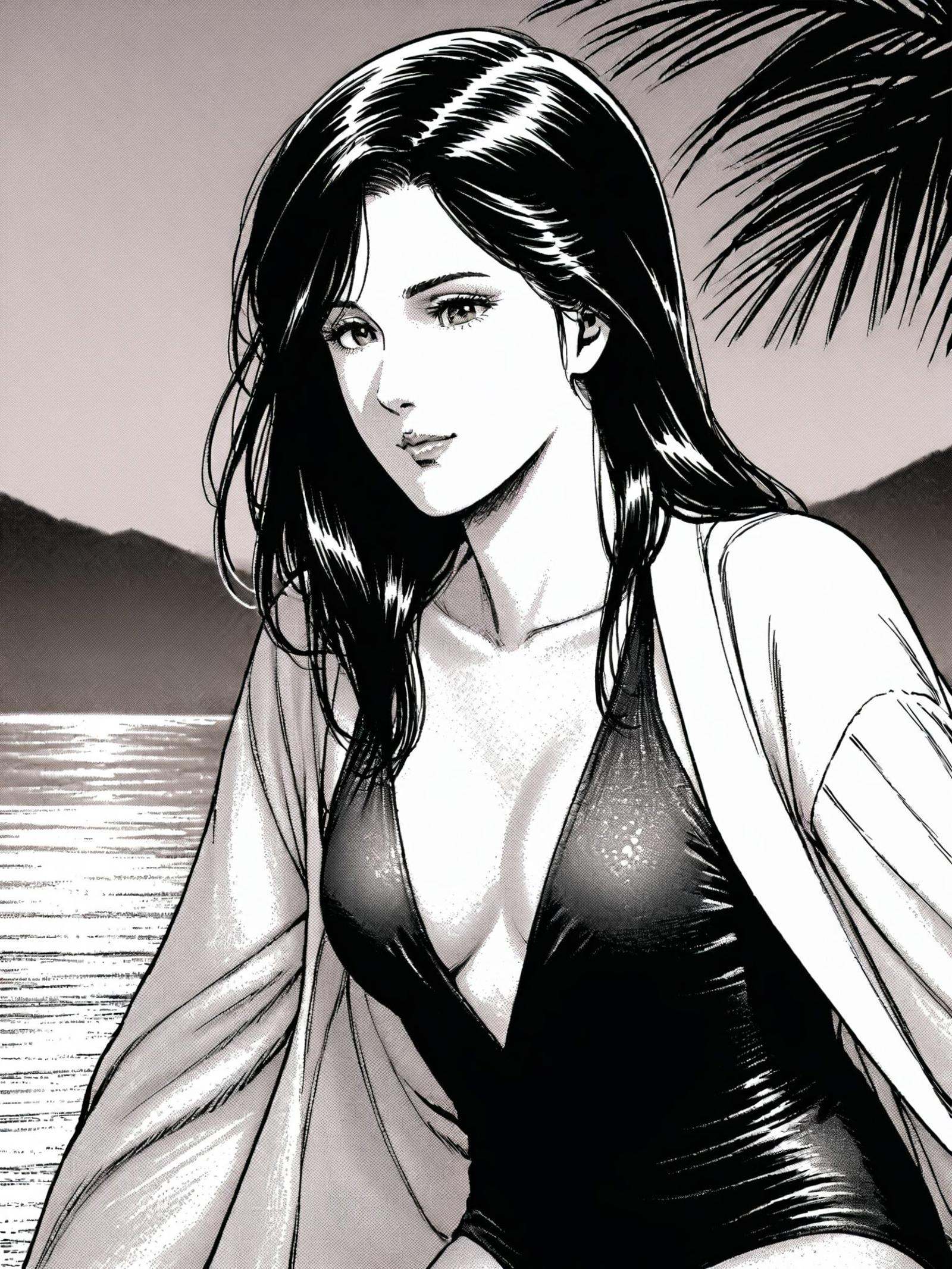 Close-up portrait of a young woman with long, wavy silver hair. Sharp facial features with an intense gaze and slight smile. Wearing a sleek black swimsuit with a plunging neckline, partially covered by a sheer white beach cover-up with flowing sleeves. Background is a blurred beach scenery, with soft shimmering lights from the setting sun and distant beach bonfires creating a warm, atmospheric setting. The golden sunlight casts a subtle, warm glow on the subject's face and hair, adding depth and dimension to the portrait.<lora:lora57:0.7>