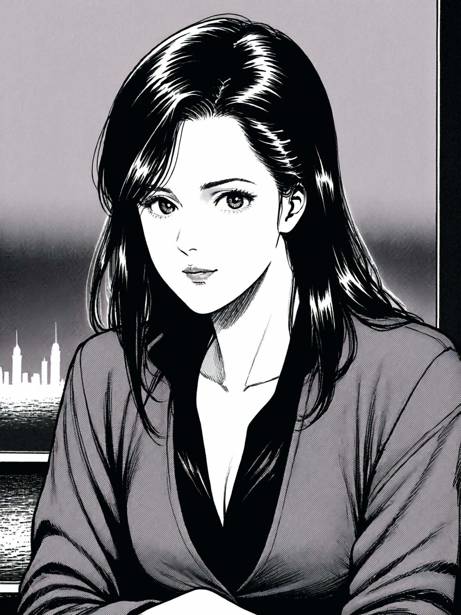 Close-up portrait of a young woman with long, wavy light hair. Sharp facial features with an intense gaze and slight smile. Wearing a crisp white blouse with an open collar, partially covered by a sleek black blazer with structured shoulders. The outfit evokes a retro 1980s fashion style.Background is a blurred city nightscape, with soft glowing lights from buildings and street lamps creating a moody, atmospheric setting. The city lights cast a subtle, colorful glow on the subject's face and hair, adding depth and dimension to the portrait.Soft lighting emphasizes her slender figure and defined collarbone. Dynamic composition with the subject looking directly at the viewer, creating an engaging and confident atmosphere. High contrast aesthetic with detailed linework and subtle use of screentones for shading and texture, balancing the character's sharp features with the softer, out-of-focus city backdrop.The juxtaposition of the retro-styled character against the modern city night creates an intriguing blend of nostalgia and contemporary urban chic.<lora:lora57:0.7>