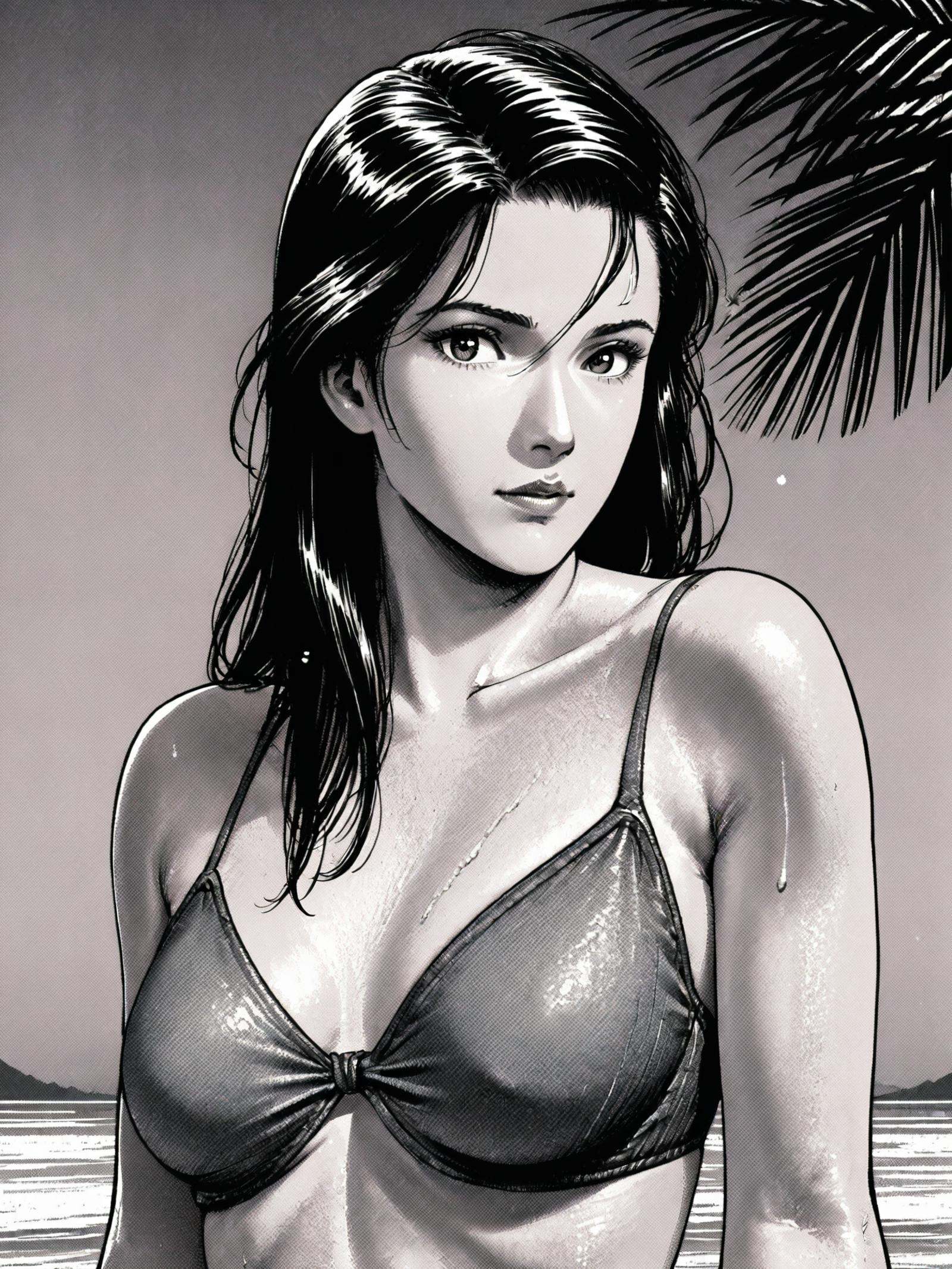 Hoko,(best quality),((masterpiece)),(highres),extremely detailed,realistic style,1girl, solo, upper body, looking at viewer, wet black hair slicked back, sharp facial features, alluring gaze, retro manga style, detailed line artRevealing bikini top, water droplets on skin, one hand running through hairHint of sunset beach in background<lora:lora57:0.7>