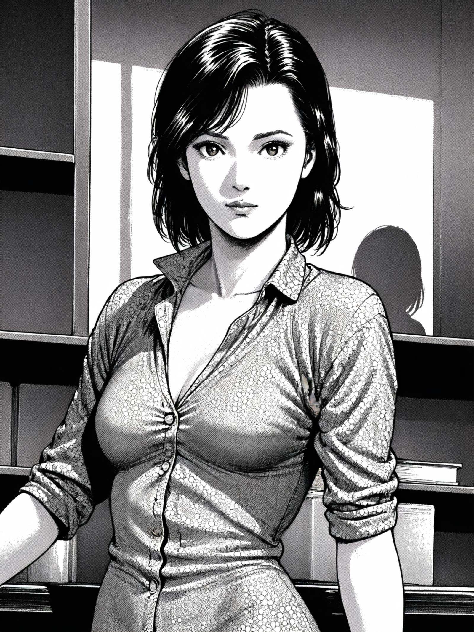Hoko,(best quality),((masterpiece)),(highres),extremely detailed,realistic style,1girl,solo,upper body,looking at viewer,medium length curly brown hair,sharp facial features,retro manga style,detailed line art,Vintage floral print blouse with ruffled collar,thoughtful gaze,Soft focus bookshelf in background,<lora:lora57:0.7>