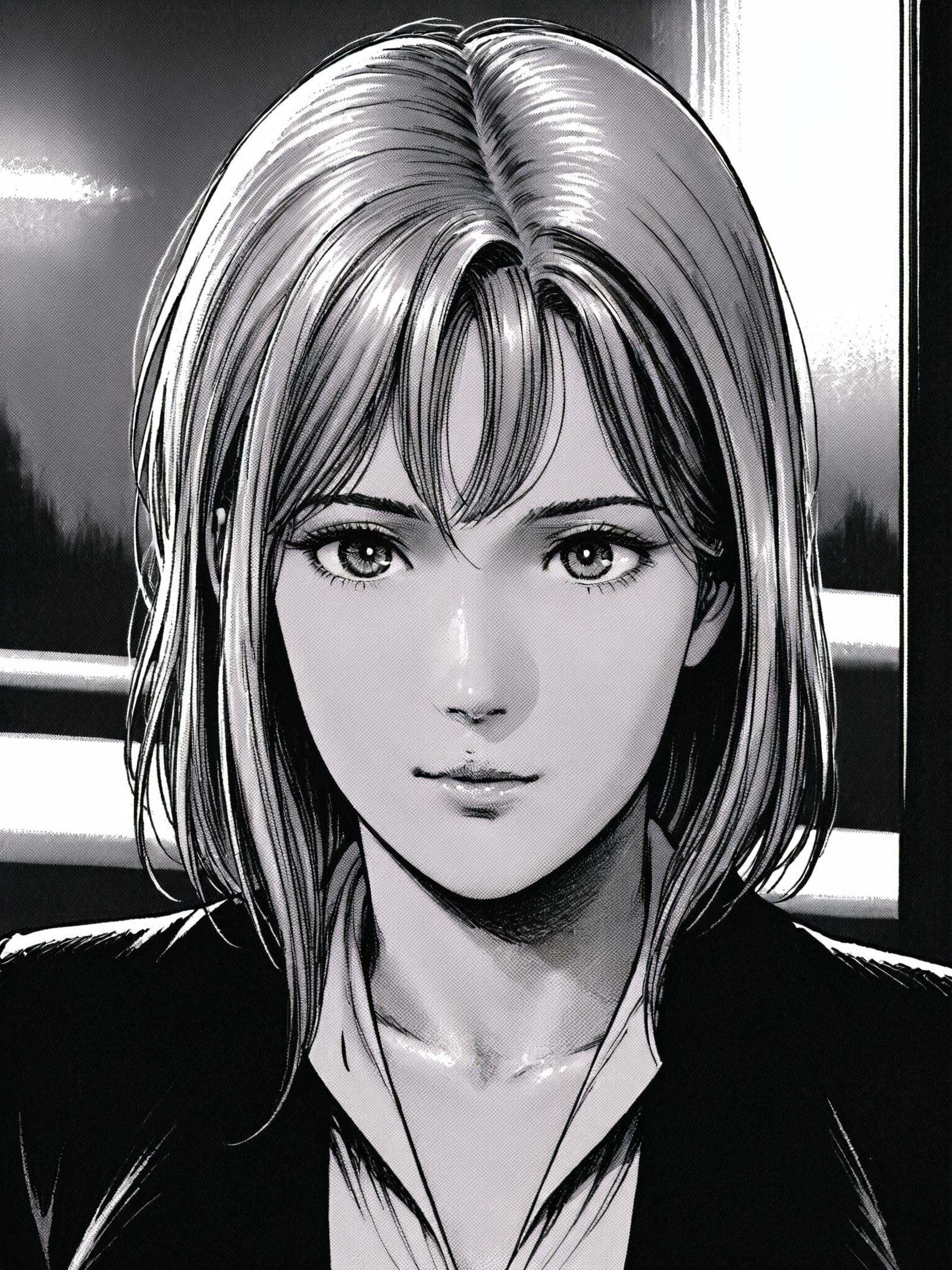 Close-up portrait of a young woman with long, wavy blonde hair. Sharp facial features with an intense gaze and slight smile. Wearing a crisp white blouse with an open collar, partially covered by a sleek black blazer with structured shoulders. Background is a blurred city nightscape, with soft glowing lights from buildings and street lamps creating a moody, atmospheric setting. The city lights cast a subtle, colorful glow on the subject's face and hair, adding depth and dimension to the portrait.<lora:lora57:0.7>