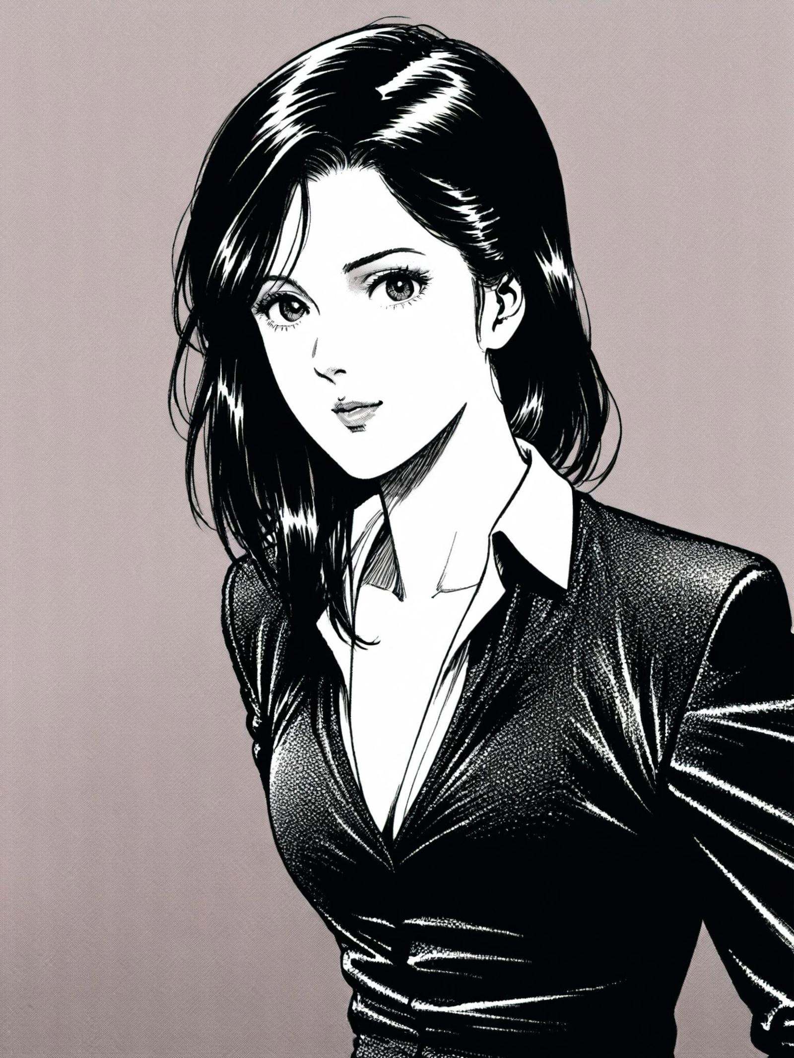 Close-up portrait of a young woman with long, wavy black hair. Sharp facial features with an intense gaze and slight smile. Wearing a crisp white blouse with an open collar, partially covered by a sleek black blazer with structured shoulders. The outfit evokes a retro 1980s fashion style. Simple white background. Soft lighting emphasizes her slender figure and defined collarbone. Dynamic composition with the subject looking directly at the viewer, creating an engaging and confident atmosphere. High contrast black and white aesthetic with detailed linework and subtle use of screentones for shading and texture.<lora:lora57:0.7>
