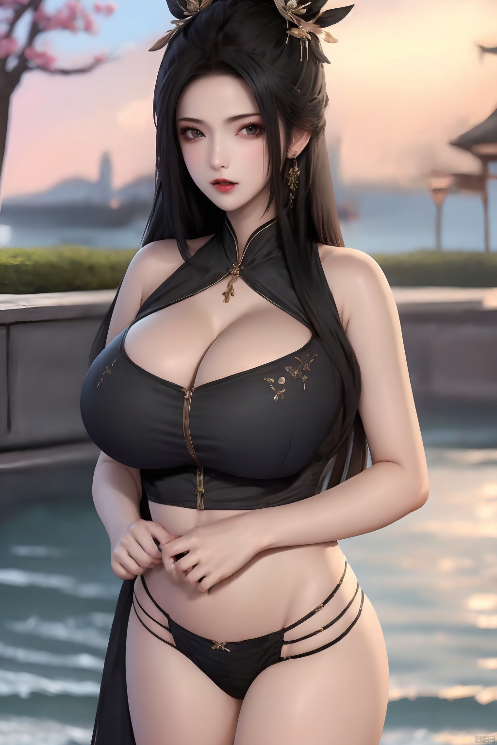 1girl solo long hair breasts large breasts black hair hair ornament navel cleavage bare shoulders underwear panties black panties