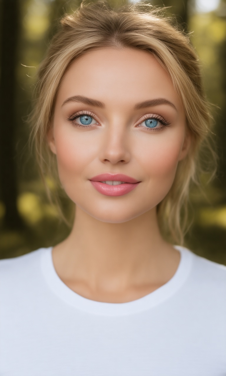 Soft focus captures the intimate details of a blonde woman's face,  her bright blue eyes sparkling like sapphires against...