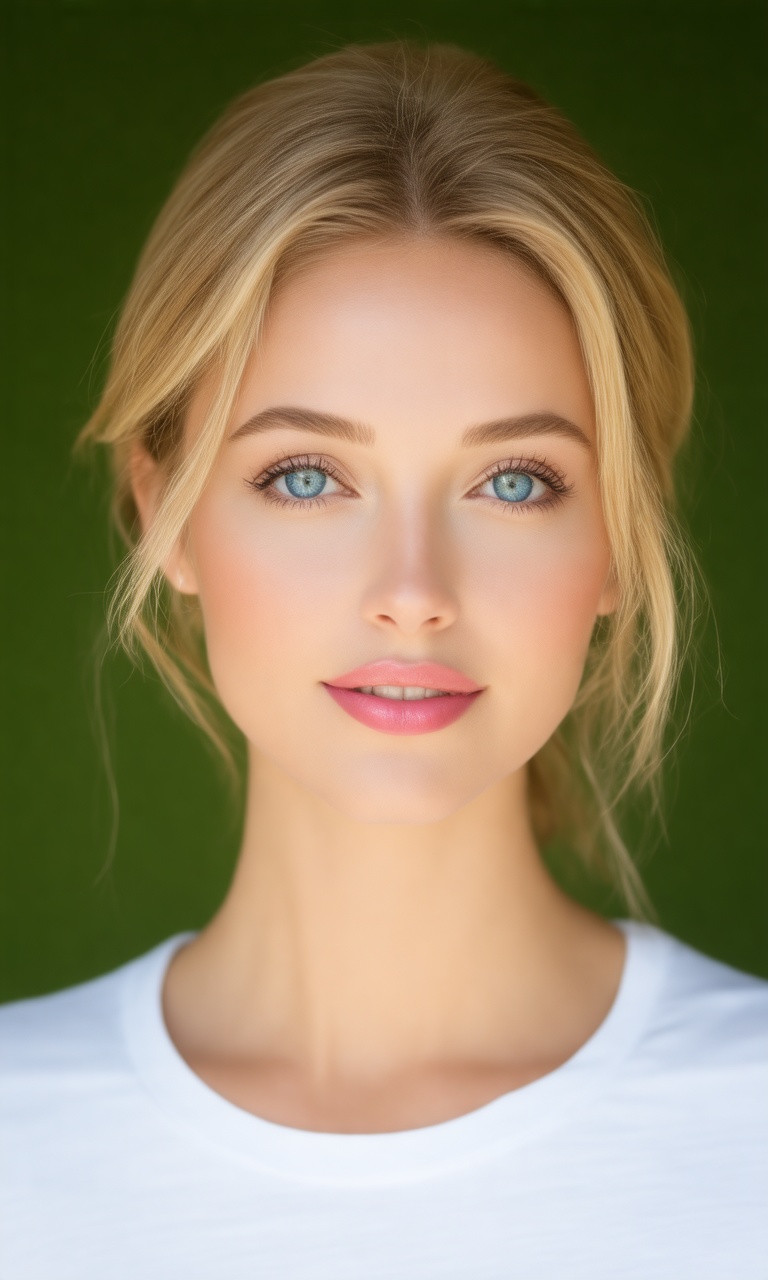 Soft focus captures the intimate details of a blonde woman's face,  her bright blue eyes sparkling like sapphires against...