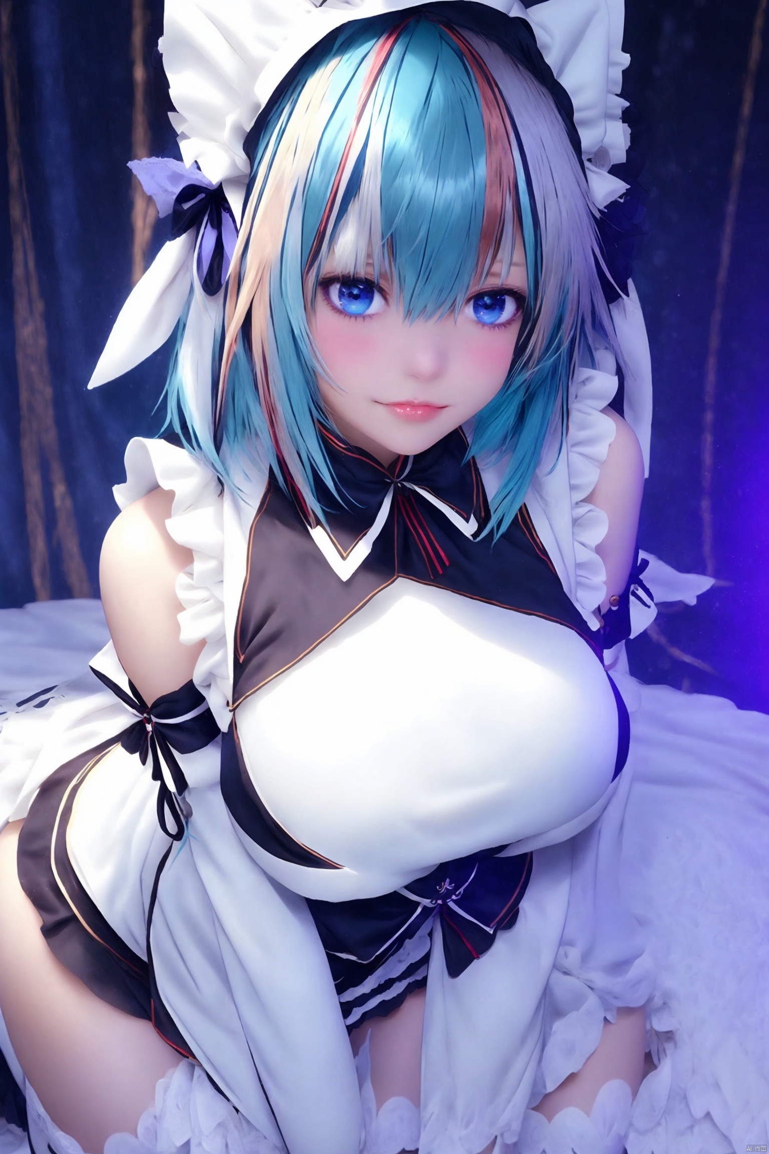 1girl
solo
breasts
looking at viewer
smile
short hair
blue eyes
large breasts
thighhighs
dress
ribbon
animal ears
blue hair
multicolored hair
frills
detached sleeves
two-tone hair
white thighhighs
streaked hair
wrist cuffs
maid
maid headdress
cosplay
aqua hair
fake animal ears
garter straps
frilled ribbon
cheshire \(azur lane\)

