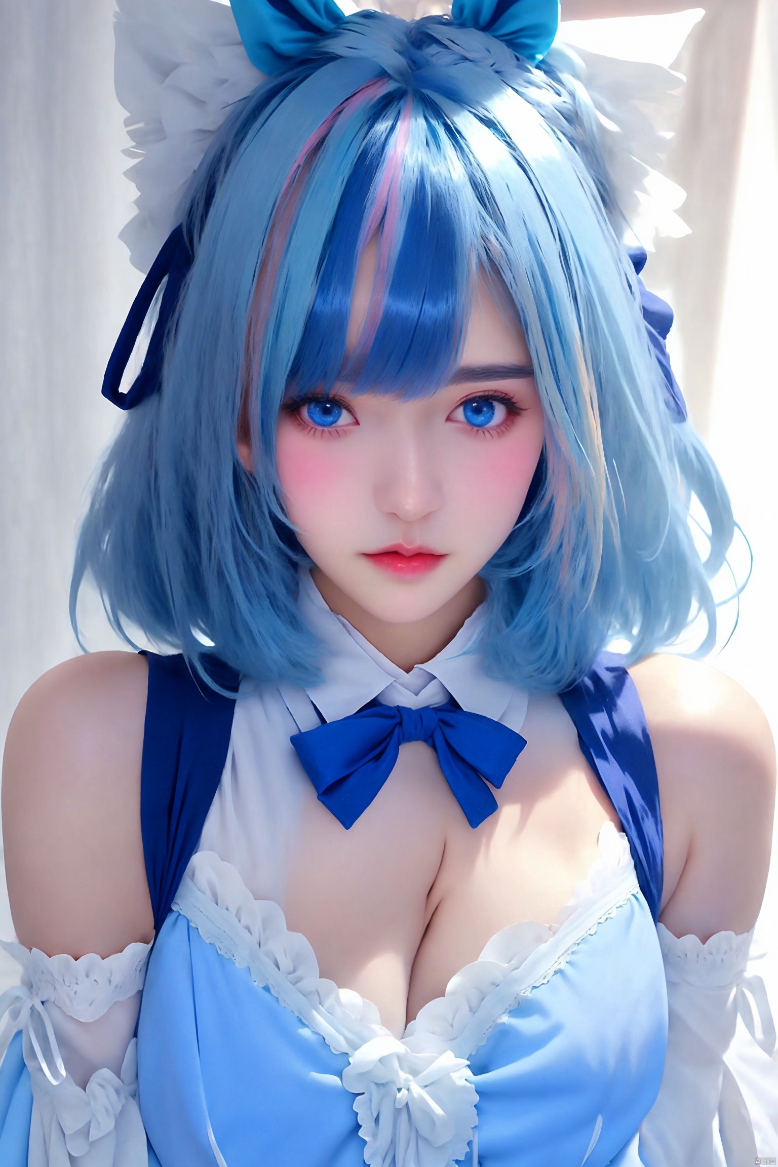 1girl
solo
breasts
looking at viewer
smile
short hair
blue eyes
large breasts
thighhighs
dress
ribbon
animal ears
blue hair
multicolored hair
frills
detached sleeves
two-tone hair
white thighhighs
streaked hair
wrist cuffs
maid
maid headdress
cosplay
aqua hair
fake animal ears
garter straps
frilled ribbon
cheshire \(azur lane\)

