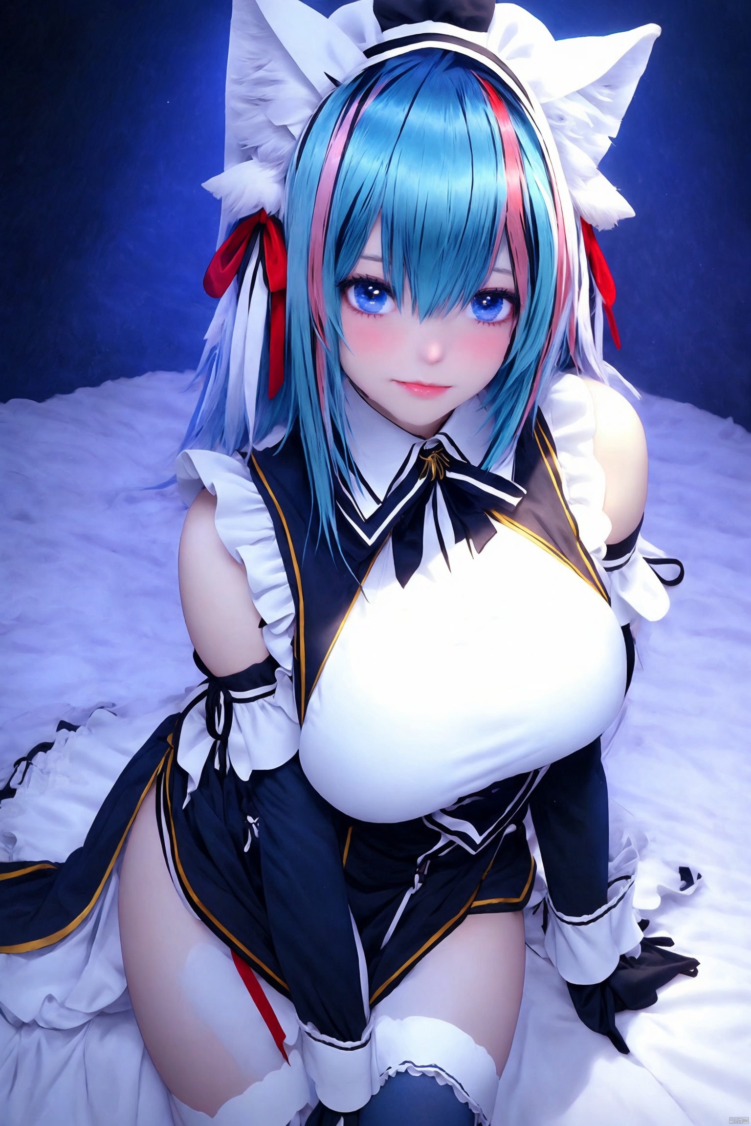 1girl
solo
breasts
looking at viewer
smile
short hair
blue eyes
large breasts
thighhighs
dress
ribbon
animal ears
blue hair
multicolored hair
frills
detached sleeves
two-tone hair
white thighhighs
streaked hair
wrist cuffs
maid
maid headdress
cosplay
aqua hair
fake animal ears
garter straps
frilled ribbon
cheshire \(azur lane\)

