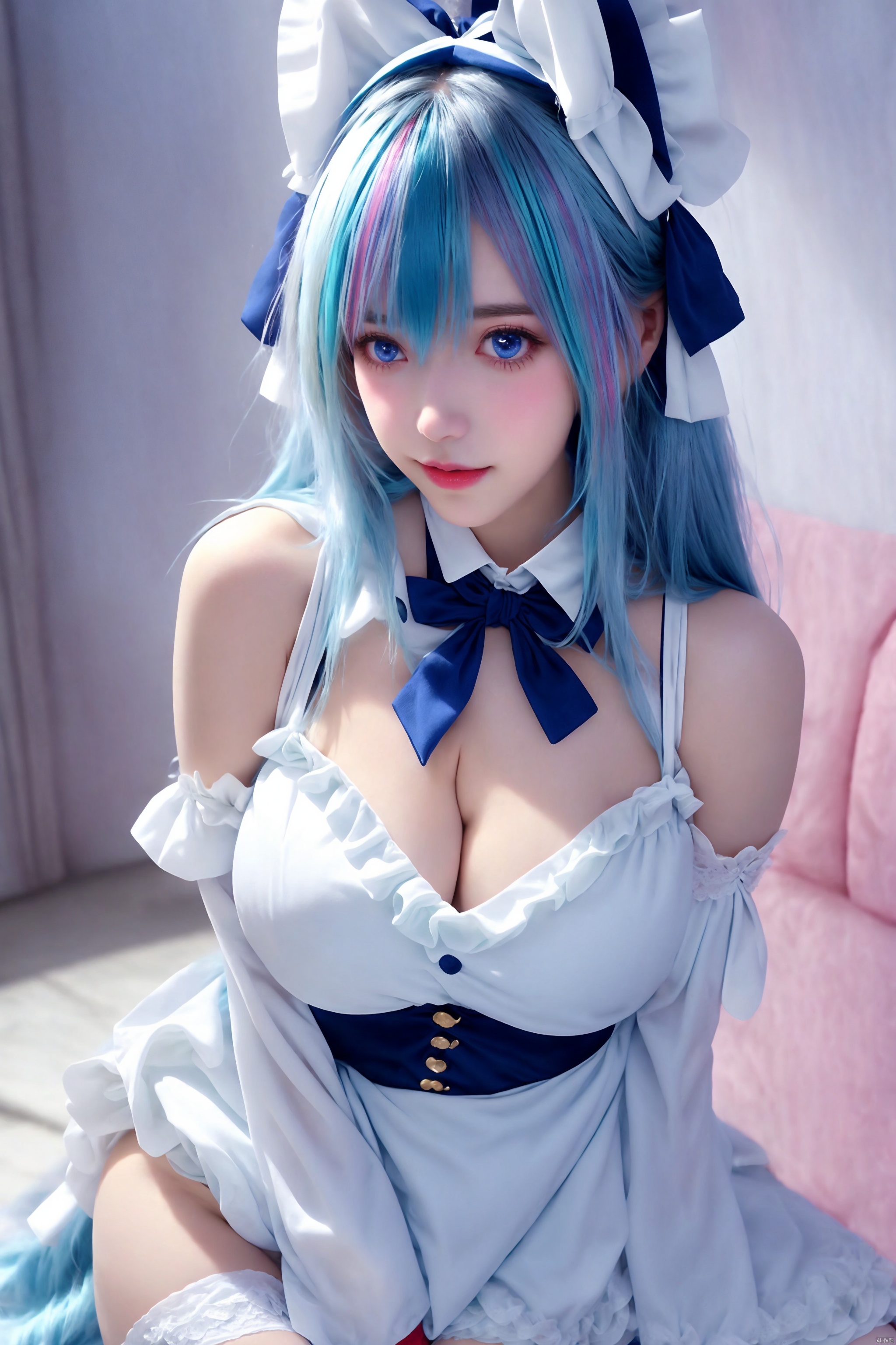 1girl
solo
breasts
looking at viewer
smile
short hair
blue eyes
large breasts
thighhighs
dress
ribbon
animal ears
blue hair
multicolored hair
frills
detached sleeves
two-tone hair
white thighhighs
streaked hair
wrist cuffs
maid
maid headdress
cosplay
aqua hair
fake animal ears
garter straps
frilled ribbon
cheshire \(azur lane\)

