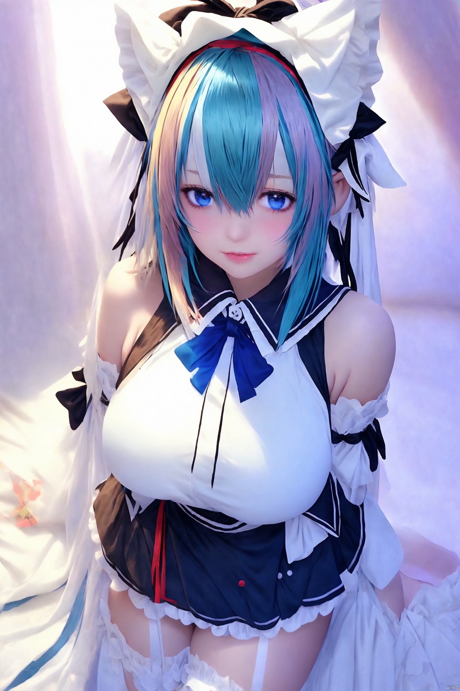 1girl
solo
breasts
looking at viewer
smile
short hair
blue eyes
large breasts
thighhighs
dress
ribbon
animal ears
blue hair
multicolored hair
frills
detached sleeves
two-tone hair
white thighhighs
streaked hair
wrist cuffs
maid
maid headdress
cosplay
aqua hair
fake animal ears
garter straps
frilled ribbon
cheshire \(azur lane\)

