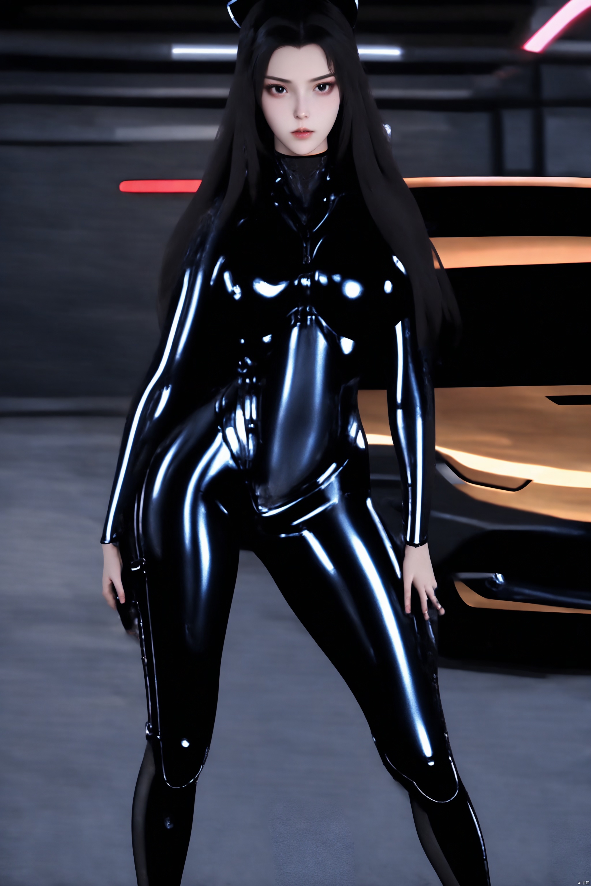1girl
solo
long hair
breasts
looking at viewer
black hair
animal ears
medium breasts
standing
black eyes
lips
bodysuit
ground vehicle
skin tight
motor vehicle
science fiction
shiny clothes
arms at sides
black bodysuit
latex
latex bodysuit


