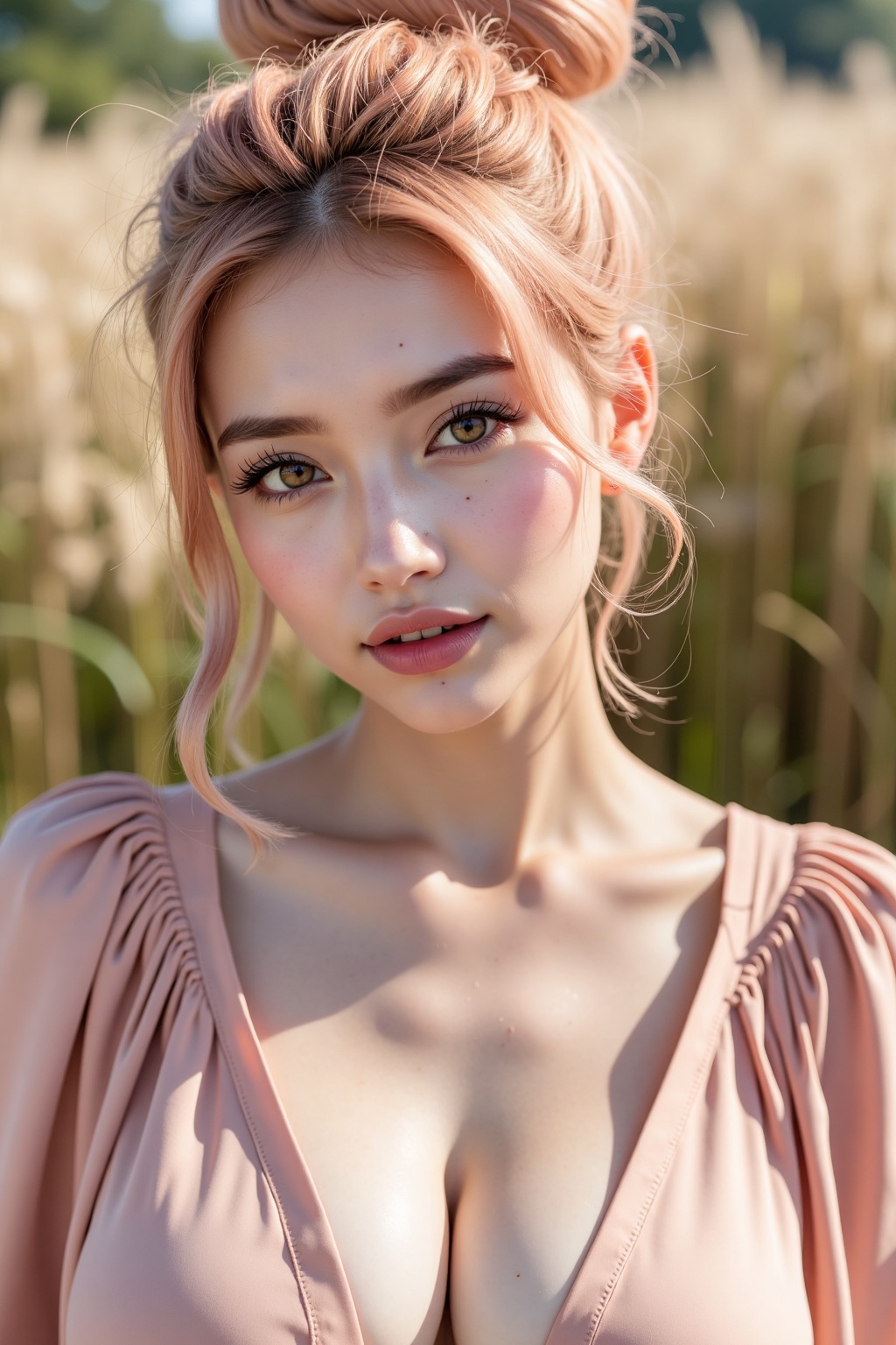 Close-up of a young woman with vibrant,  messy,  light pinkish-red hair styled in a loose on Tensor.Art