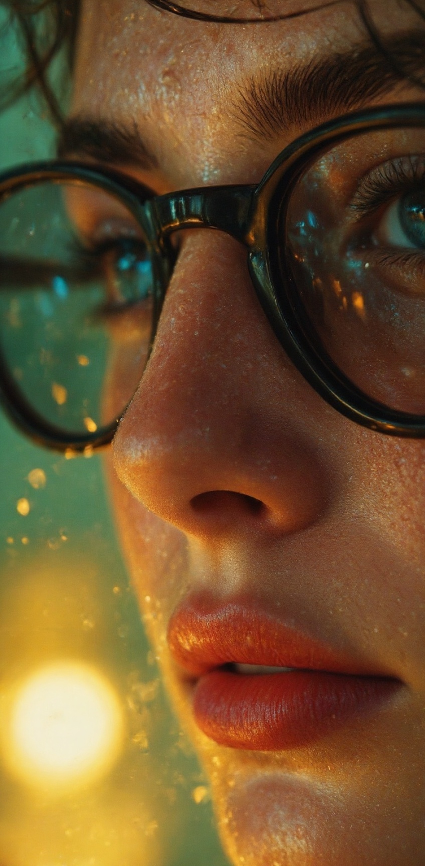 a close-up shot of a woman's face is adorned with water droplets,  adding a touch of color to her face. The woman's eyes a...