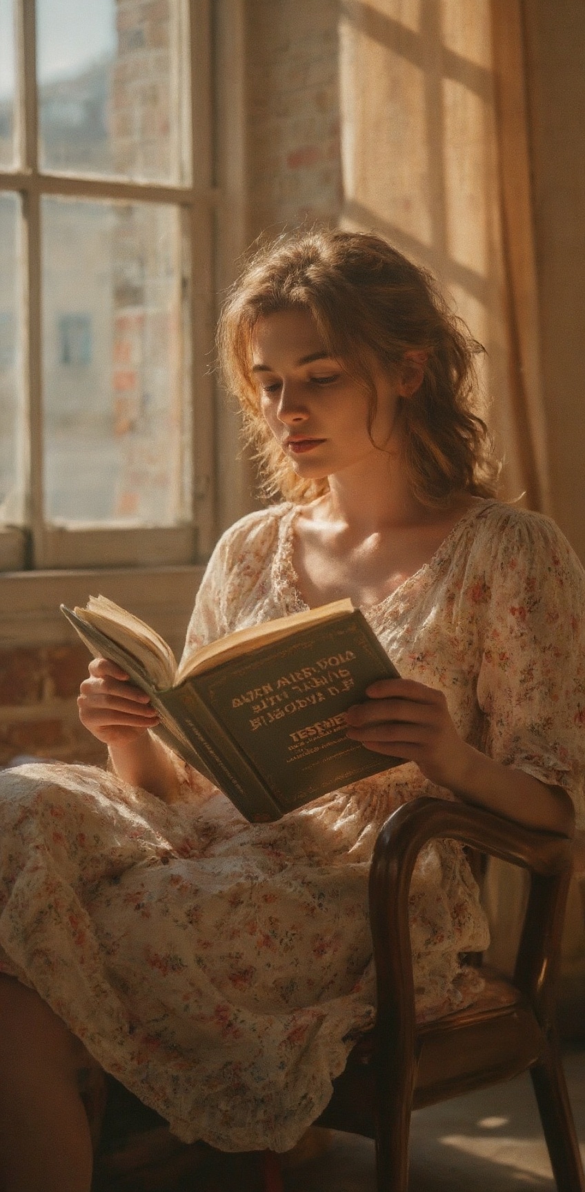 a medium-angle shot captures a young woman reading a book. She is seated on a chair,  her hair cascading down her shoulder...