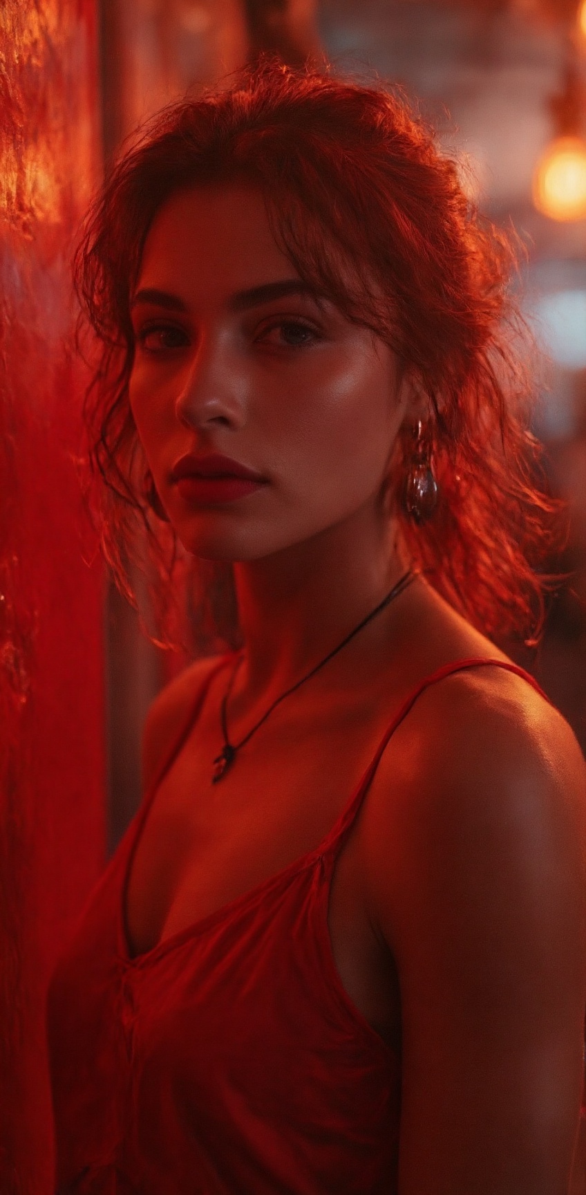 a vibrant red-haired woman stands in front of a red wall,  her hair cascades over her shoulders. She is dressed in a sleev...