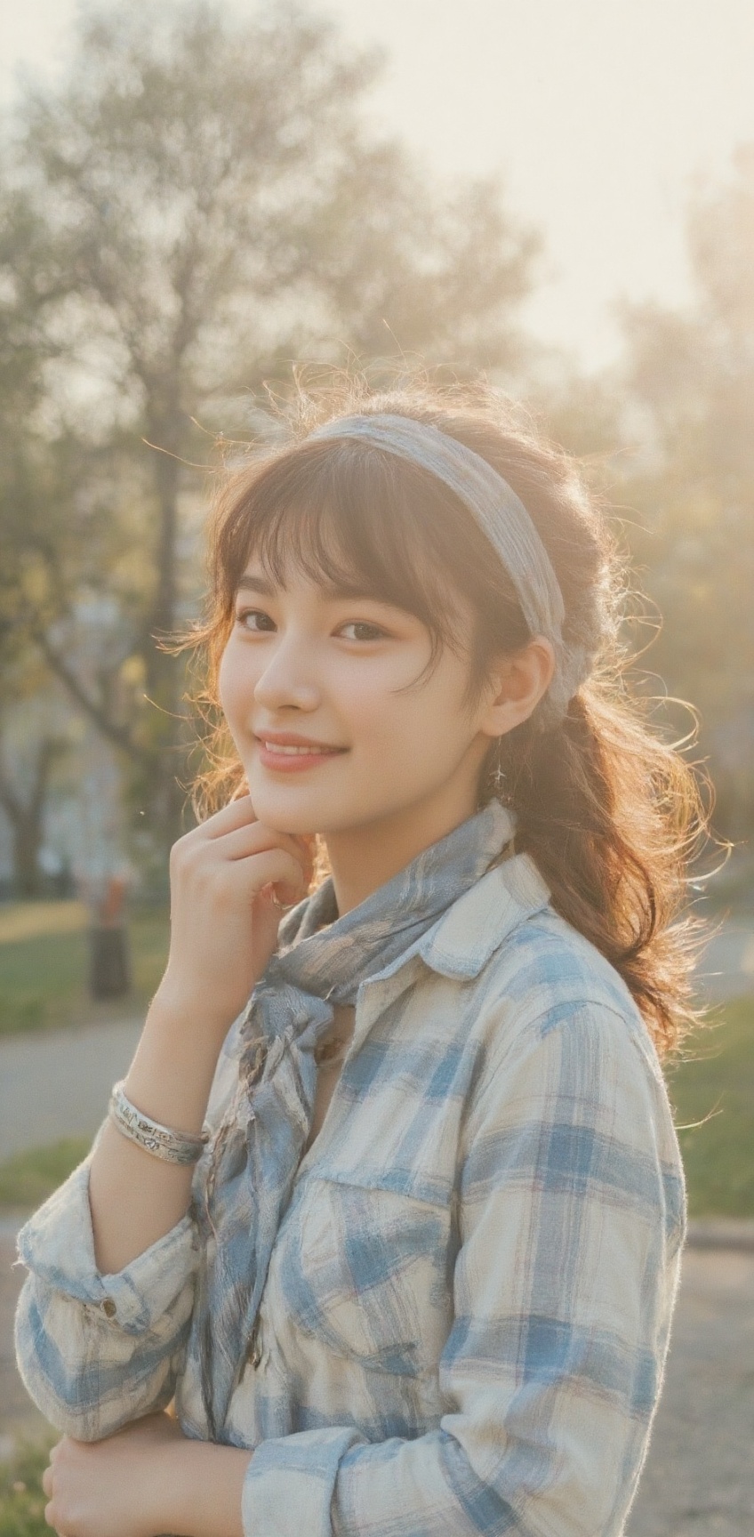 a young Asian woman with long brown hair,  wearing a white and blue plaid shirt,  is smiling and giving a pose to the came...