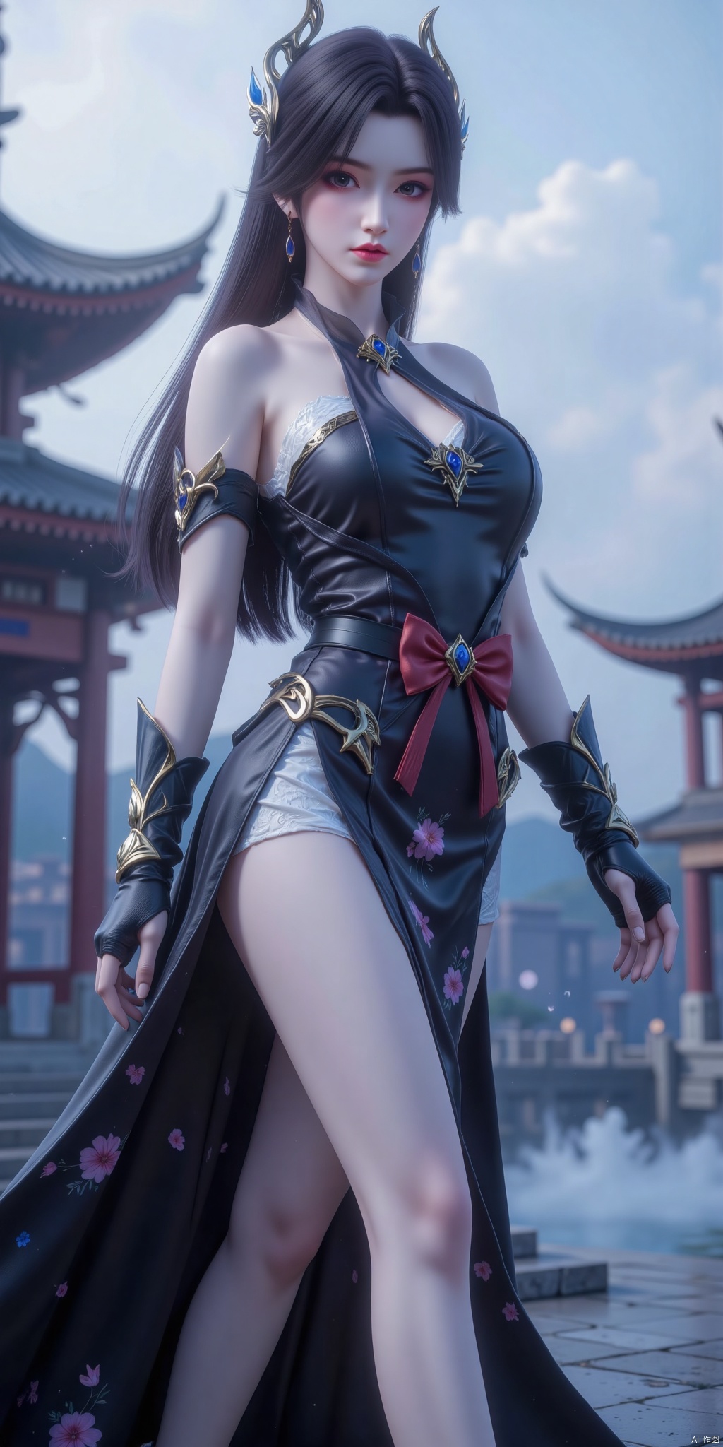 This is a highly detailed digital artwork in the anime style, featuring a fierce female warrior. She has a light complexion, long black hair, tiara, earrings, her eyes are large and expressive, with a determined, almost angry expression. She is wearing a pass-through dress, which is black in color with an intricate floral pattern. The dress is tied at the waist with a black belt, which is decorated with red ribbons and a large red bow. The cheongsam is sleeveless, with a high crack on one side, revealing her toned long legs, high heels, dynamic pose, she also wears intricately designed black leather armor, and her hands are decorated with black fingerless gloves. The backdrop is a foggy ancient Chinese cityscape with traditional pagoda-like architecture and swirling fog. The sky is a soft blue with a hint of grey, giving the scene an ethereal, almost dreamlike quality. The overall mood of the image is intense and dramatic, with a strong focus on the warrior's assertive and powerful posture. The artwork is highly detailed, with a mix of soft and hard textures, emphasising the warrior's muscular physique and the delicate patterns of her clothing