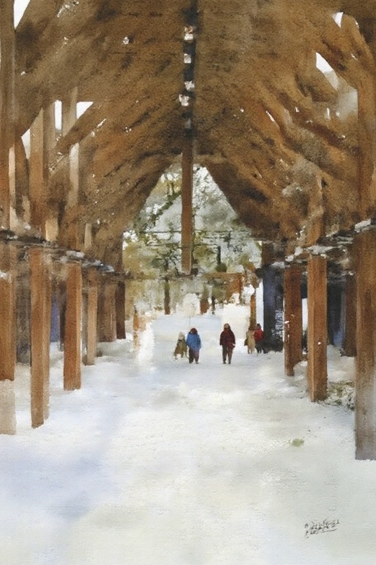 (((IKE_Chien C Wei Watercolor))).(((GGS))).Draw a wooden church in a watercolor style. One snowy day,  a couple was gettin...