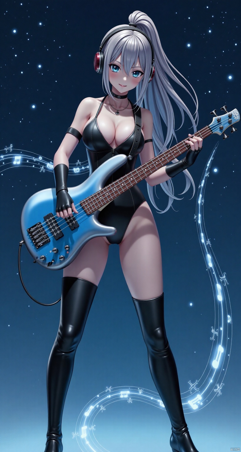 (anime screencap:1.4),A sultry girl stands tall on cyberpunk background, surrounded by swirling musical notes that illuminate her curvaceous figure encased in a form-fitting leather cleavage catsuit, belt, and thigh boots. She plays a blue bass guitar with fervor, gaze fixed on the fretboard as fingers dance across strings. Streaked locks cascade down her back like a waterfall, framing her heart-shaped face and emphasizing striking features. Elbow gloves and high ponytail add an edgy touch to her overall aesthetic. Headphones amplify the sweet serenade as she loses herself in the music, her focus solely on the performance under the starry night sky.
