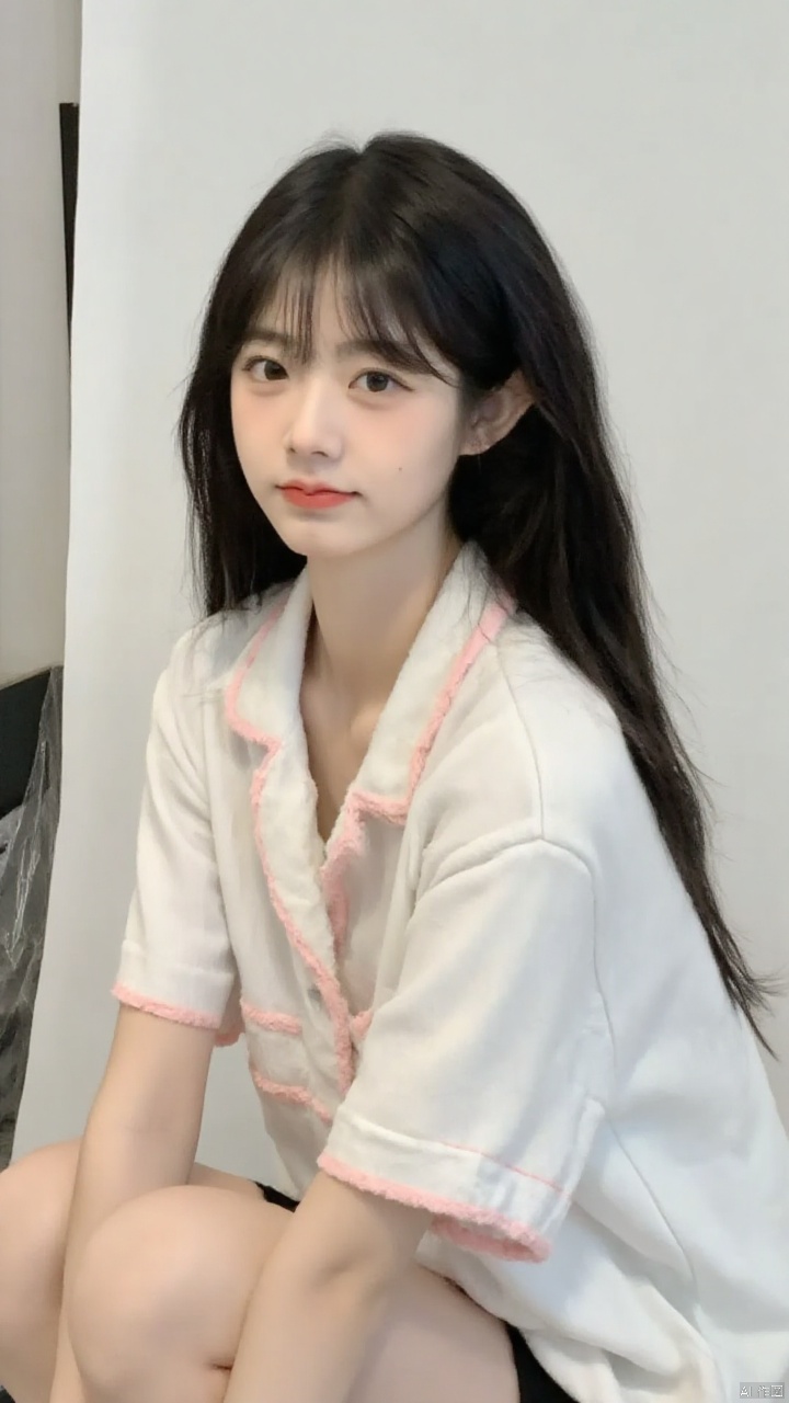 (best quality,4k,8k,highres,masterpiece:1.2),ultra-detailed,(realistic,photorealistic,photo-realistic:1.37),a young Asian woman with long black hair,white shirt with pink trim,seated against a white wall,smiling with a slight smile,beautiful detailed eyes,slightly open eyes,furrowed eyebrows,beautiful detailed lips,extremely detailed eyes and face,long eyelashes,left arm in front of her,right arm resting on her hip,hair cascading down her shoulders,soft lighting,gentle shadows,white background,modern setting,studio lighting,sharp focus,physically-based rendering,extreme detail description,professional,vivid colors,bokeh,casual and elegant,contemporary style,portrait photography,paopao