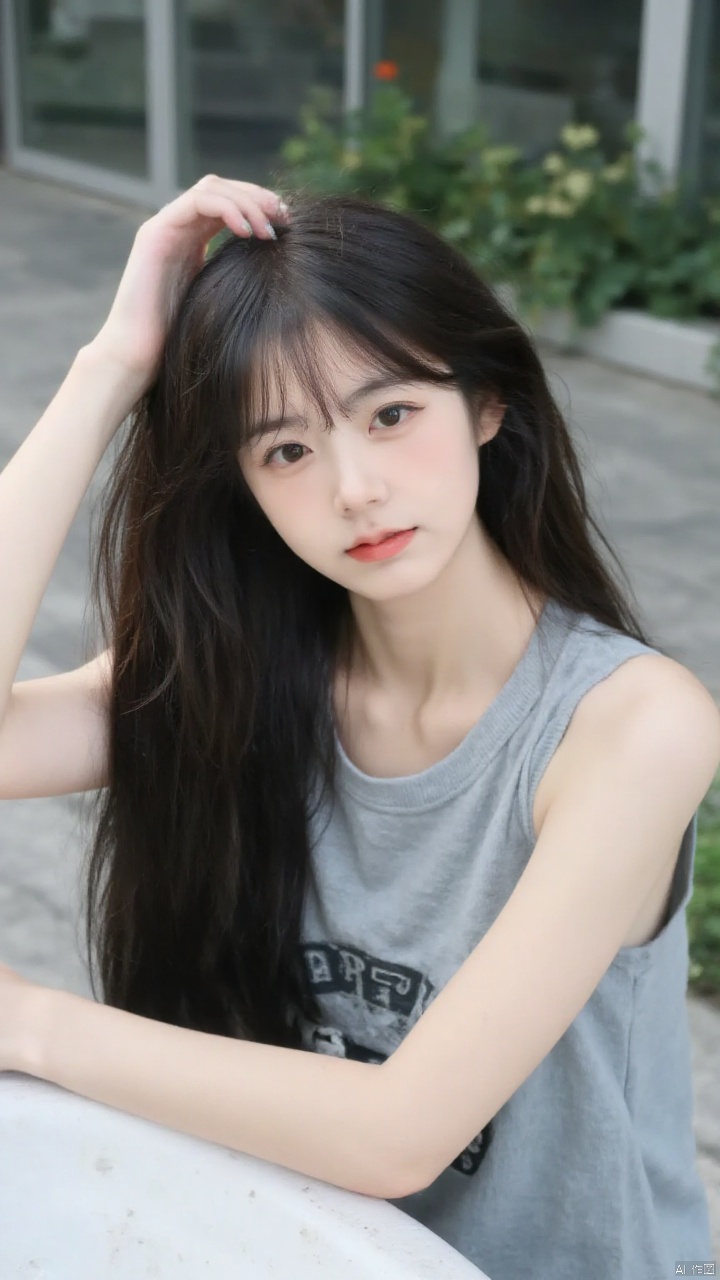 (best quality,4k,8k,highres,masterpiece:1.2),ultra-detailed,(realistic,photorealistic,photo-realistic:1.37),a young Asian woman with long dark brown hair,gray sleeveless t-shirt,seated on a white concrete platform,left arm resting on her head,right hand resting on her leg,beautiful detailed eyes,beautiful detailed lips,extremely detailed eyes and face,long eyelashes,soft natural light,evening glow,calm and serene expression,relaxed posture,urban setting,modern architecture,greenery in the background,shadows and highlights,smooth skin,refined textures,studio lighting,sharp focus,physically-based rendering,vivid colors,bokeh,paopao