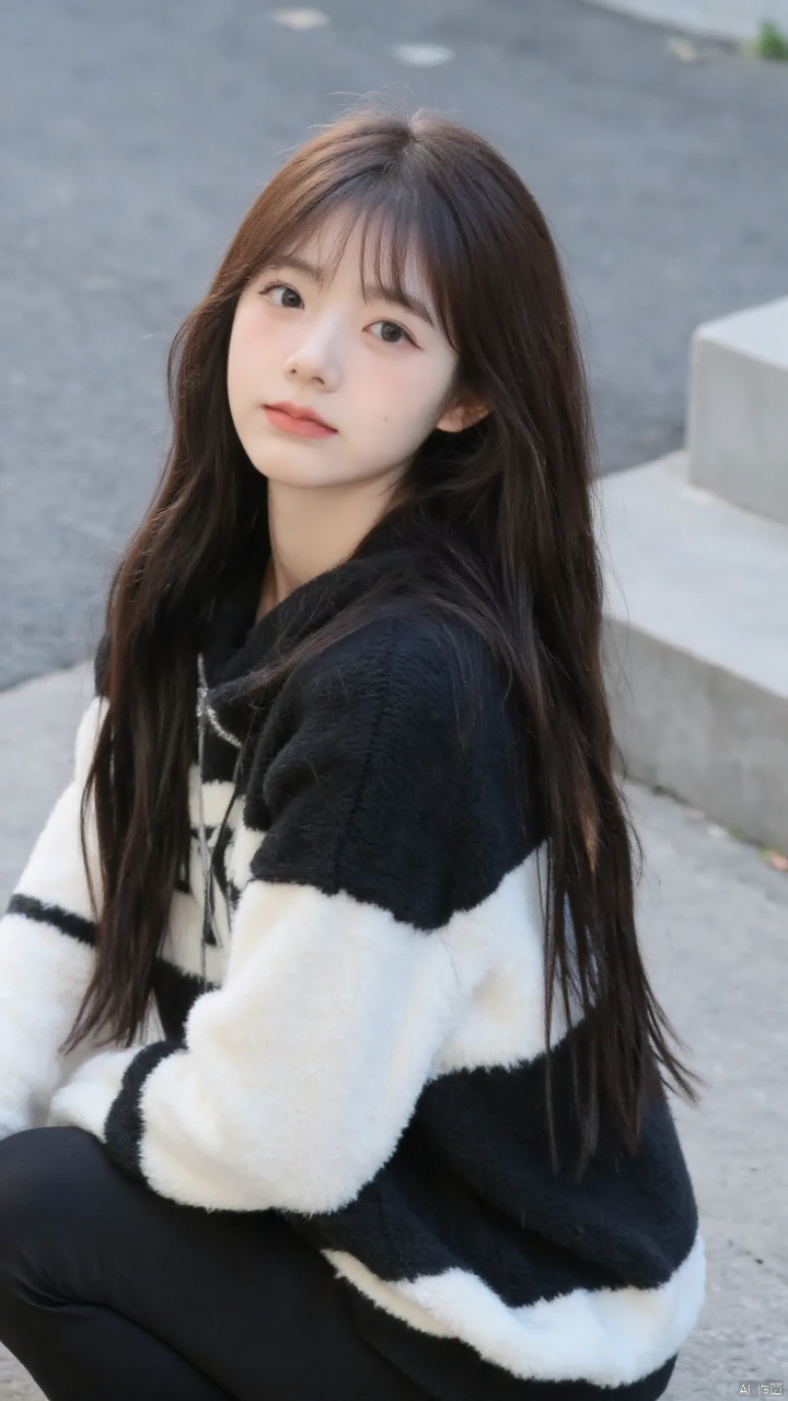 (a young Asian girl,beautiful detailed eyes,slightly open eyes,beautiful detailed lips,slight smile,long brown hair,cascading hair,black and white hoodie,seated on gray concrete sidewalk,looking off to the right,gray asphalt road,concrete step visible to the right,photorealistic,best quality,4k,8k,highres,masterpiece:1.2,ultra-detailed,realistic:1.37,studio lighting,sharp focus,extreme detail description,professional,modern cityscape,urban environment,subtle warm tones,soft natural light,evening atmosphere,cozy ambiance,calm and serene,relaxed expression,gentle breeze,soft shadows,HDRI),paopao