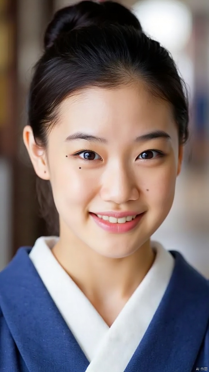 YuAoi,Captured in a close-up, eye-level shot, a young Asian woman, dressed in a blue kimono. Her hair is pulled back in a bun, and she is smiling. 